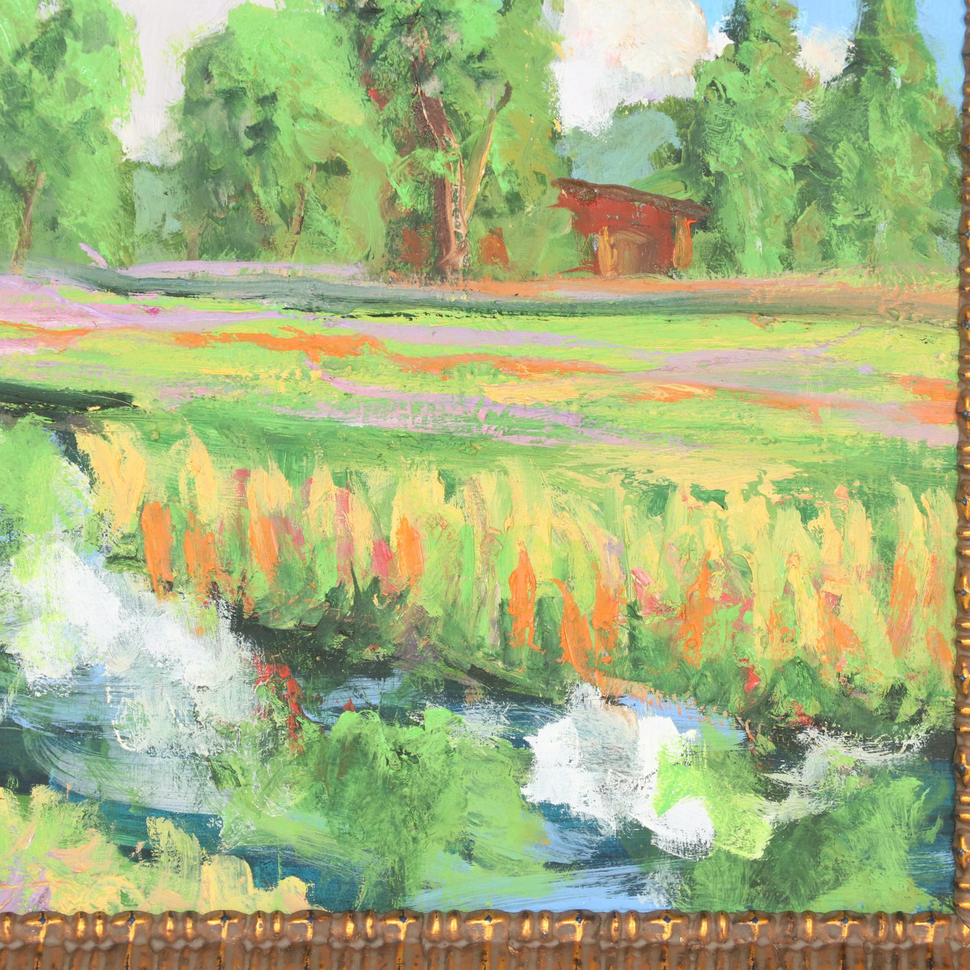 Kenneth R. Burnside Oil Painting of Rural Stream with Wildflowers, 21st Century