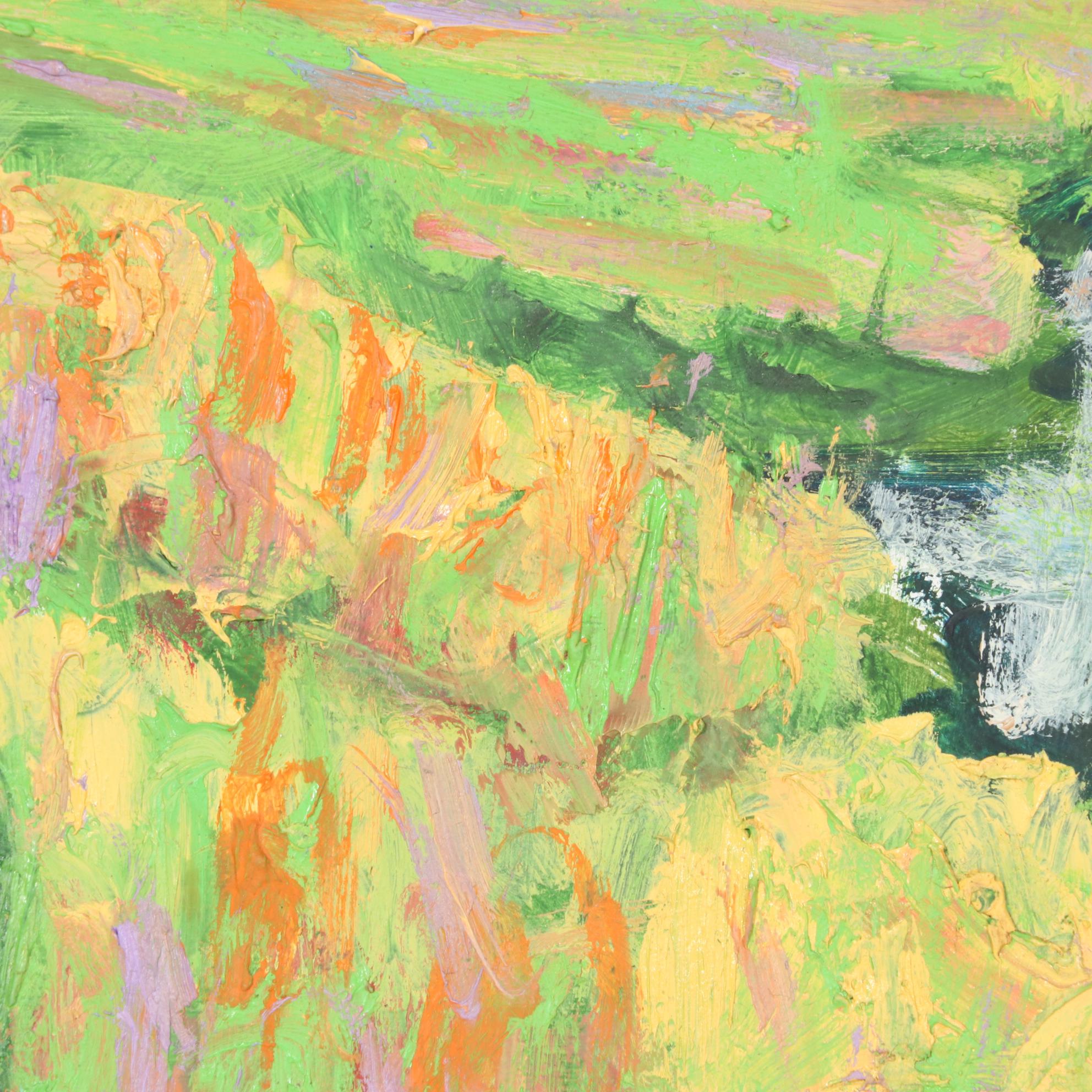 Kenneth R. Burnside Oil Painting of Rural Stream with Wildflowers, 21st Century