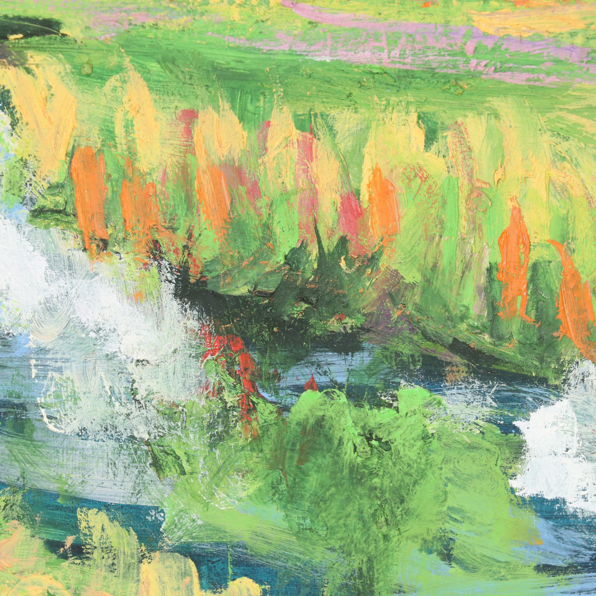 Kenneth R. Burnside Oil Painting of Rural Stream with Wildflowers, 21st Century