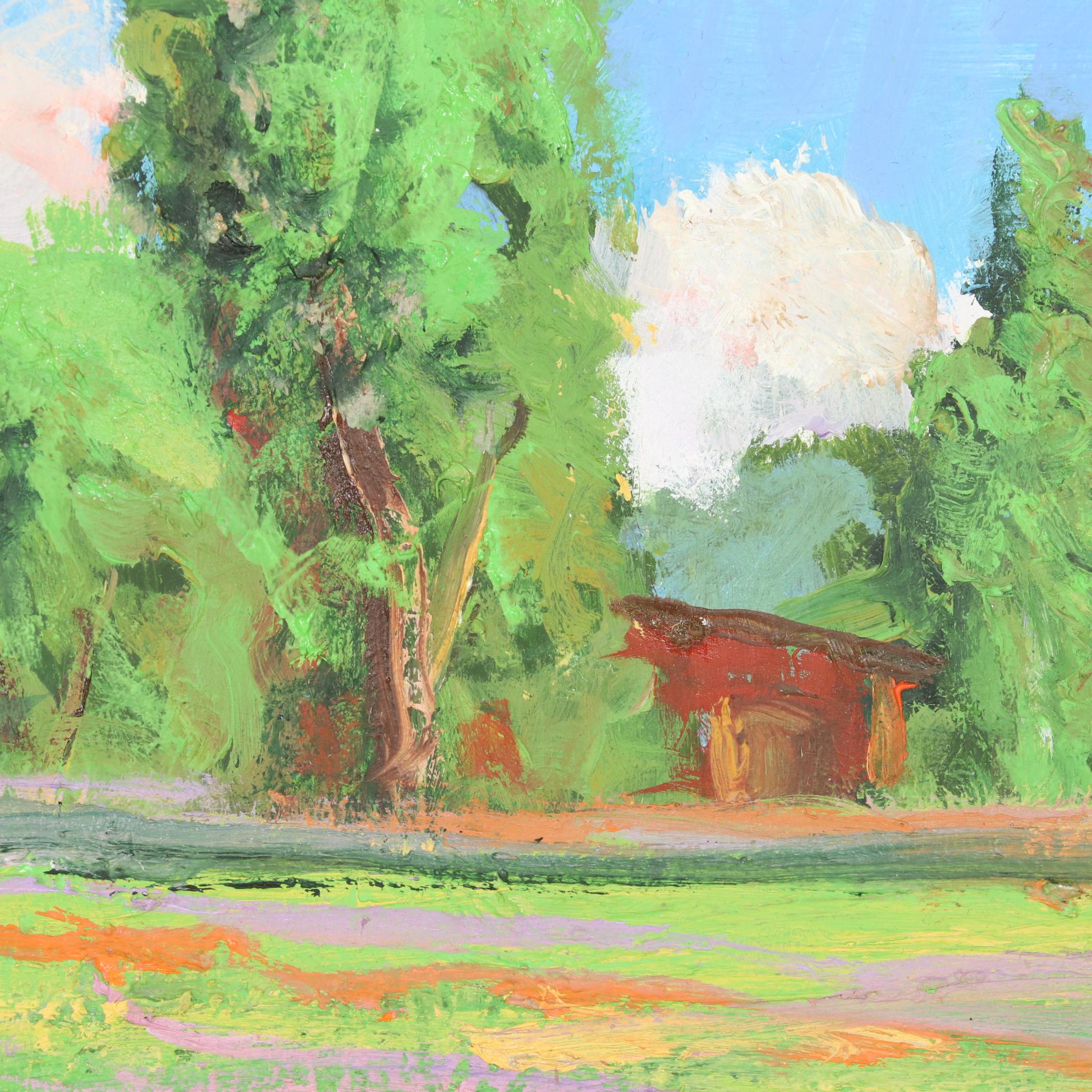 Kenneth R. Burnside Oil Painting of Rural Stream with Wildflowers, 21st Century