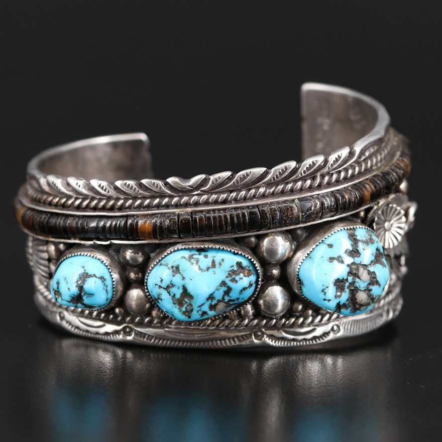 Artisan Signed Southwestern Style Sterling Silver Turquoise and Shell Cuff