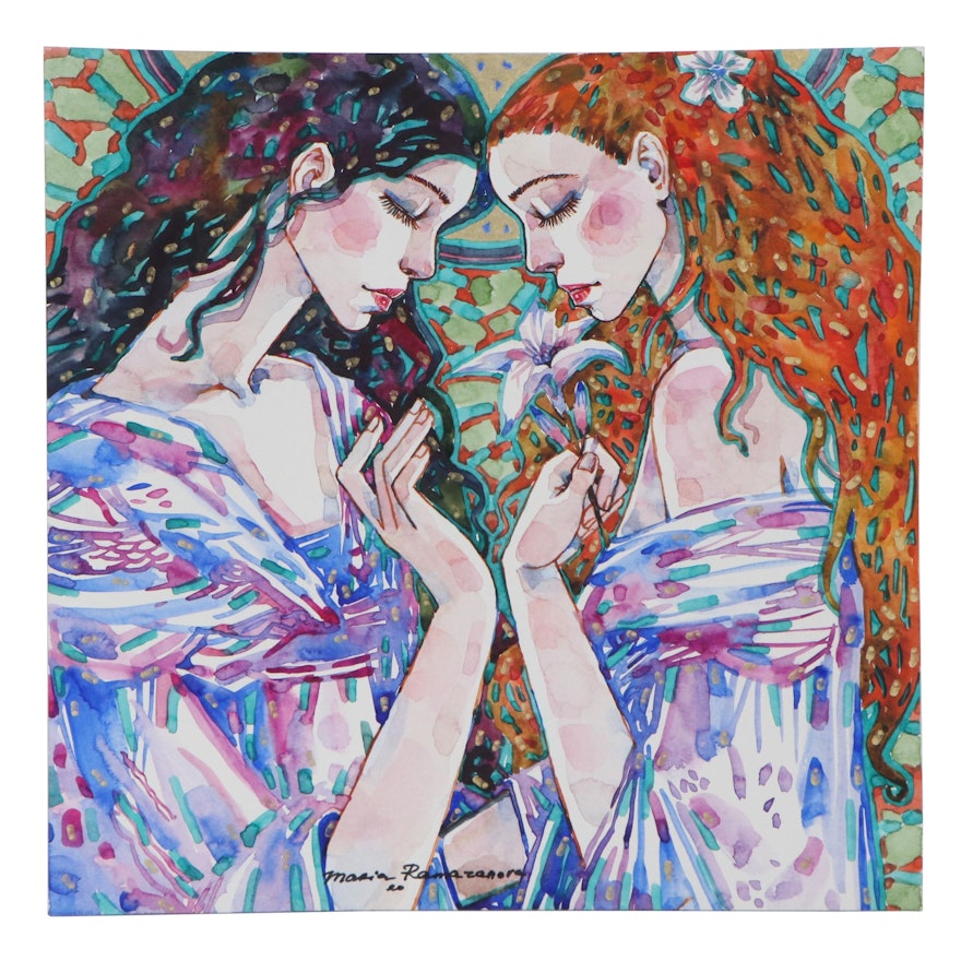 Maria Ramazanova Watercolor Painting of Women and Lily