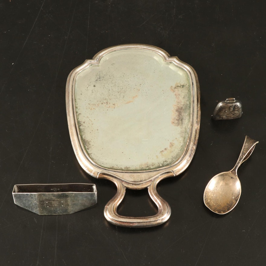Sterling Silver Baby Rattle and Spoon, Victorian Hand Mirror, and Napkin Ring