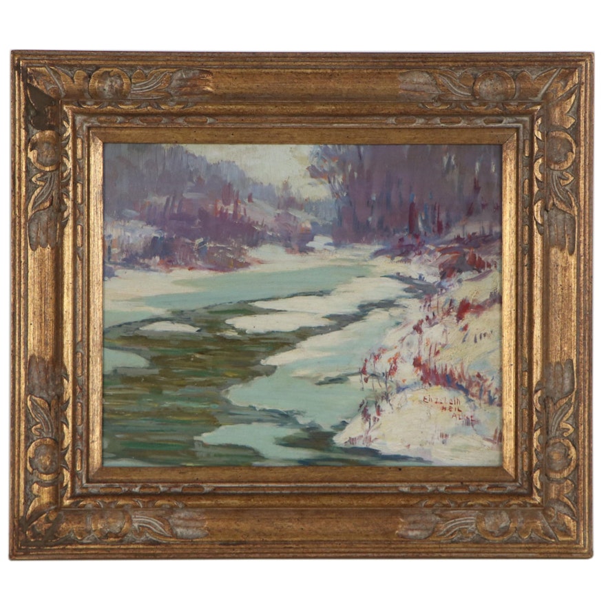 Elizabeth Heil Alke Winter Landscape Oil Painting, Early 20th Century