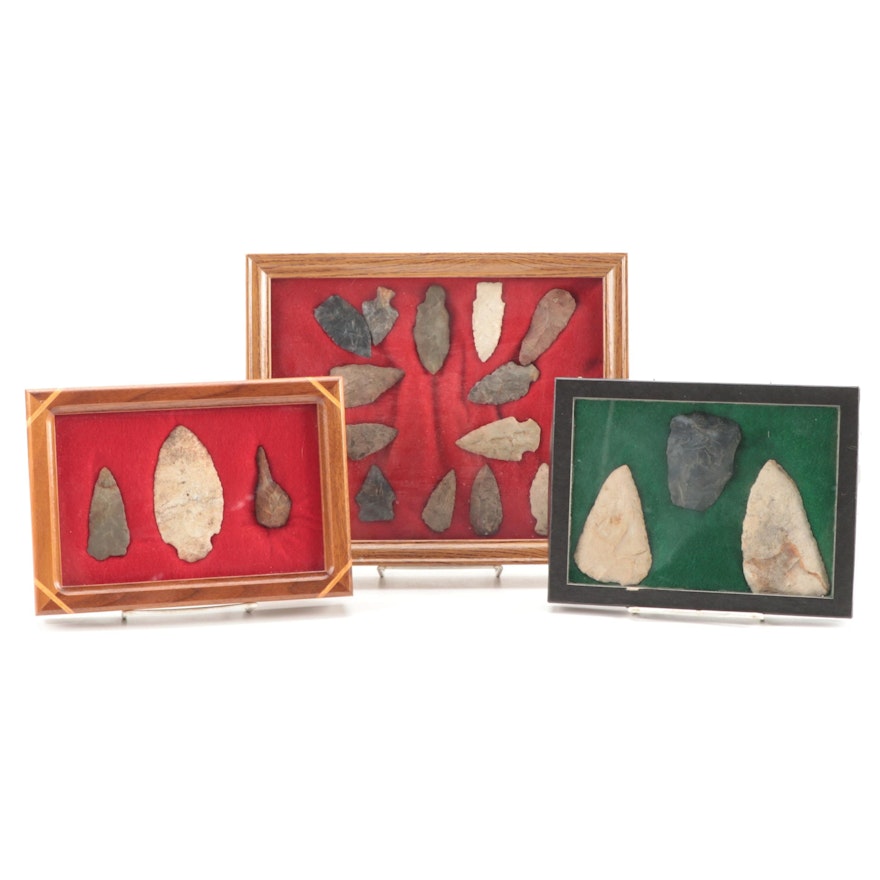 Native American Knapped Flint Projectile Points and Arrowheads in Display Boxes