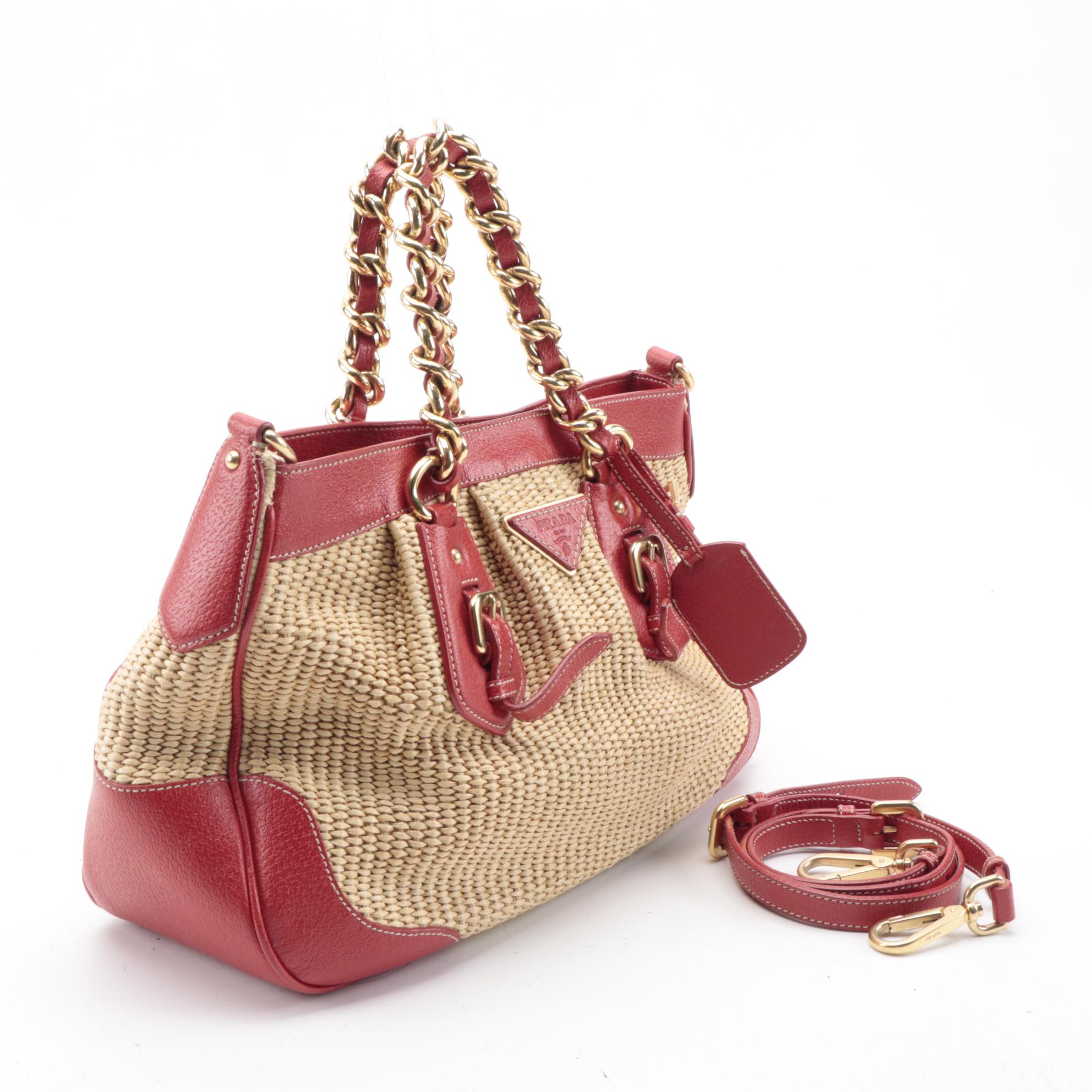 Prada Buckle Pleated Woven Raffia and Red Leather Two-Way Satchel