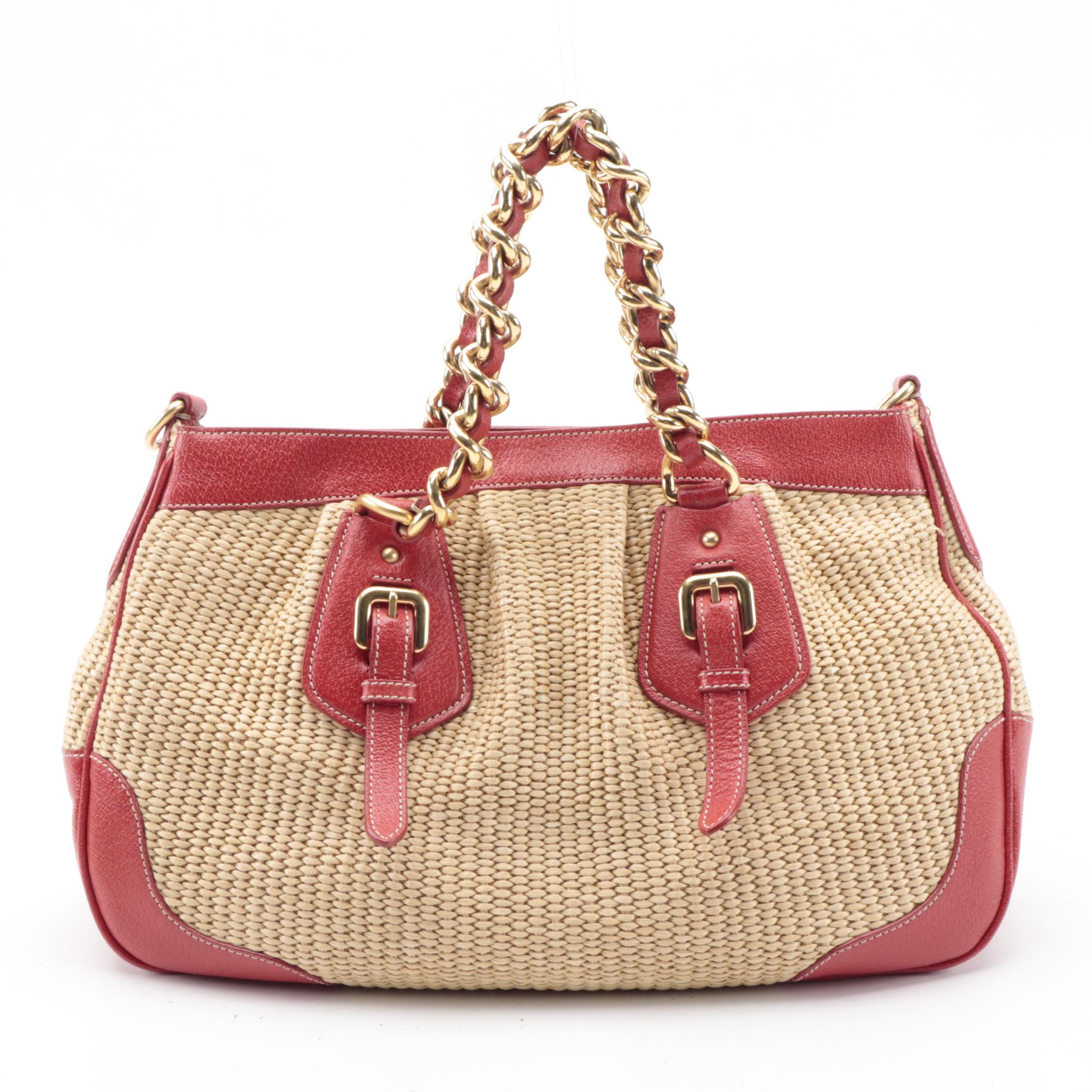 Prada Buckle Pleated Woven Raffia and Red Leather Two-Way Satchel