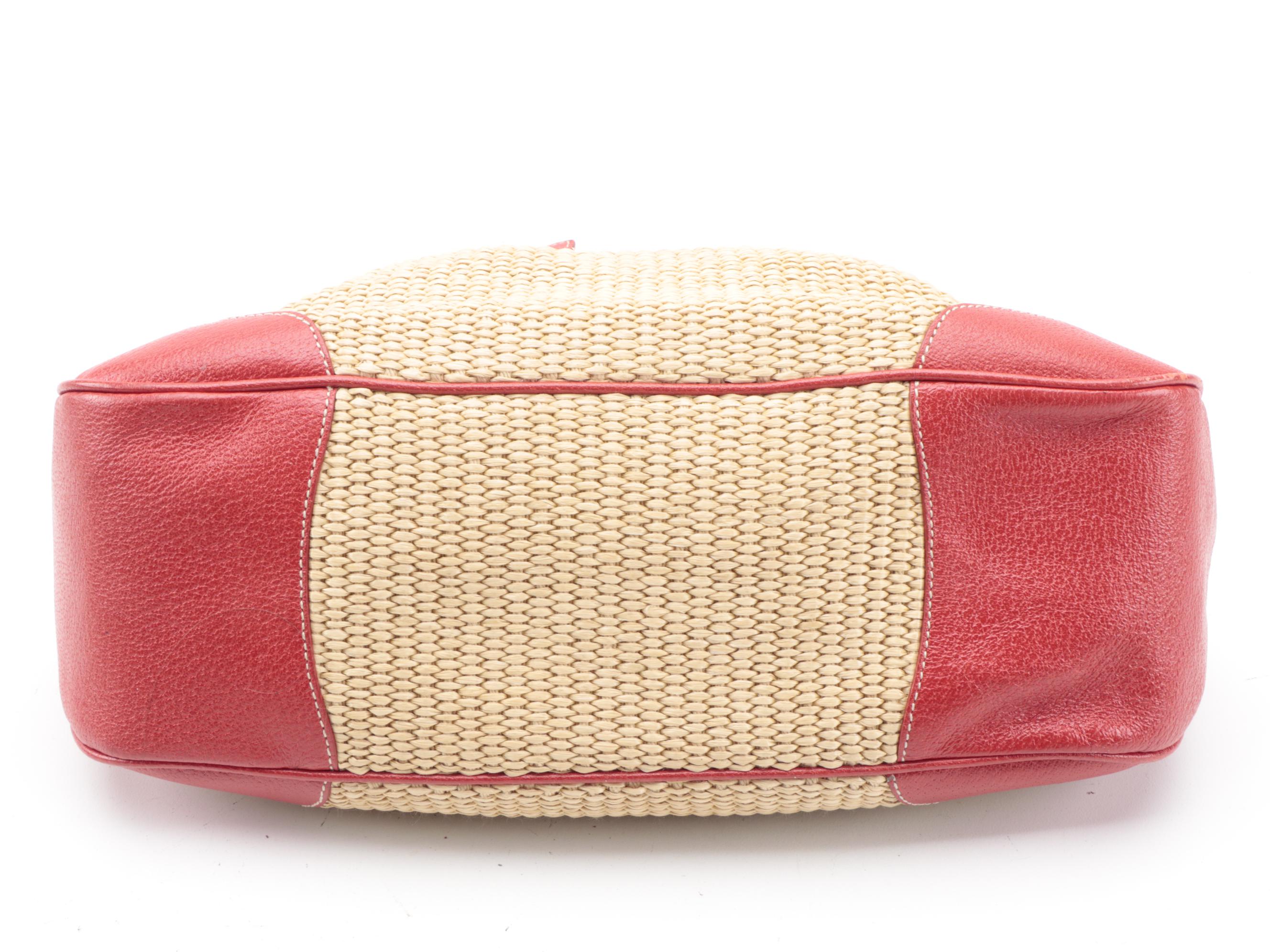 Prada Buckle Pleated Woven Raffia and Red Leather Two-Way Satchel