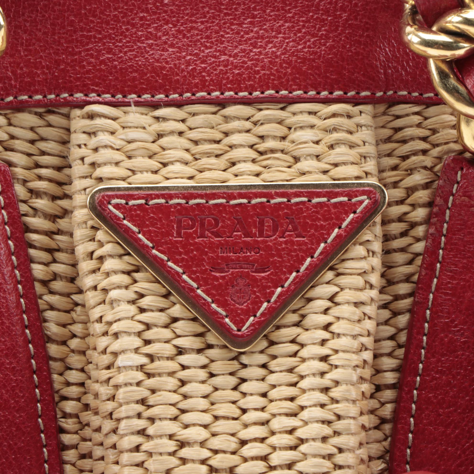 Prada Buckle Pleated Woven Raffia and Red Leather Two-Way Satchel