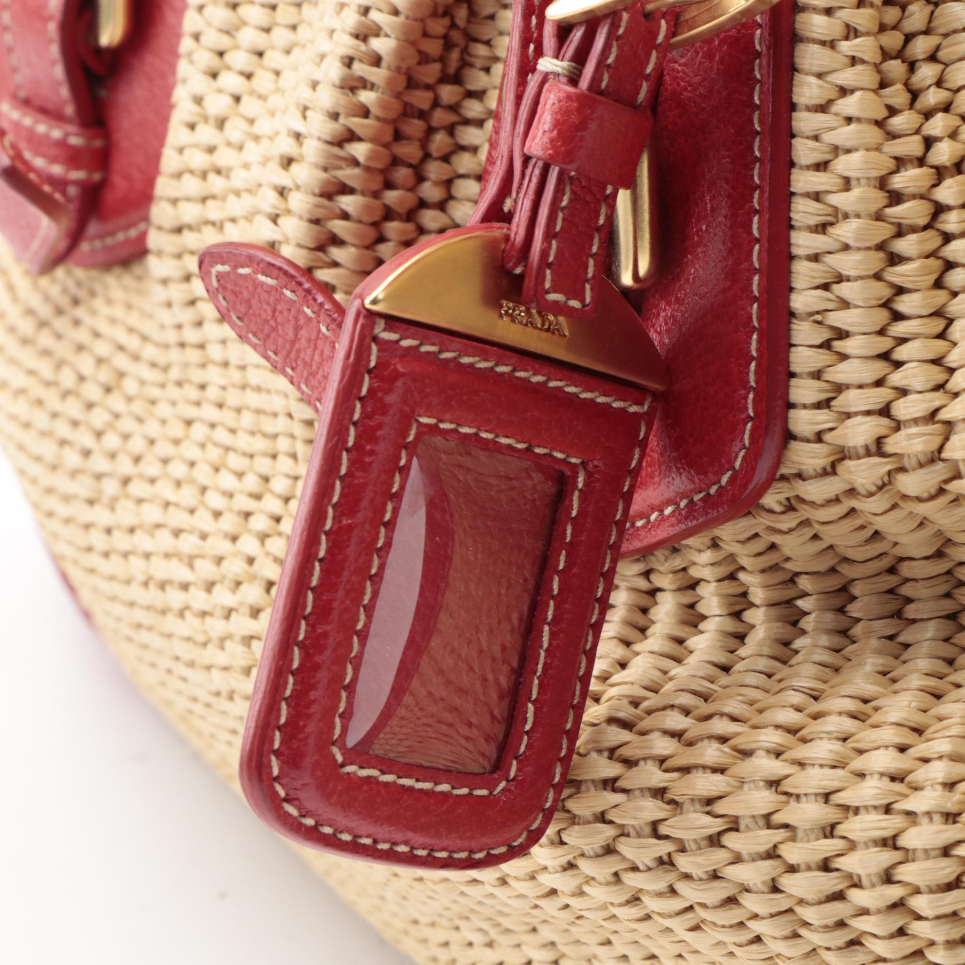 Prada Buckle Pleated Woven Raffia and Red Leather Two-Way Satchel