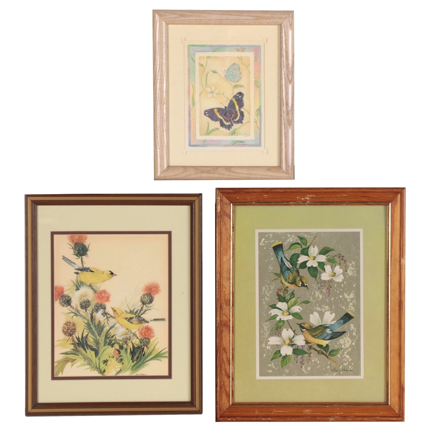 Floral Offset Lithographs with Birds featuring William J. Whiteside