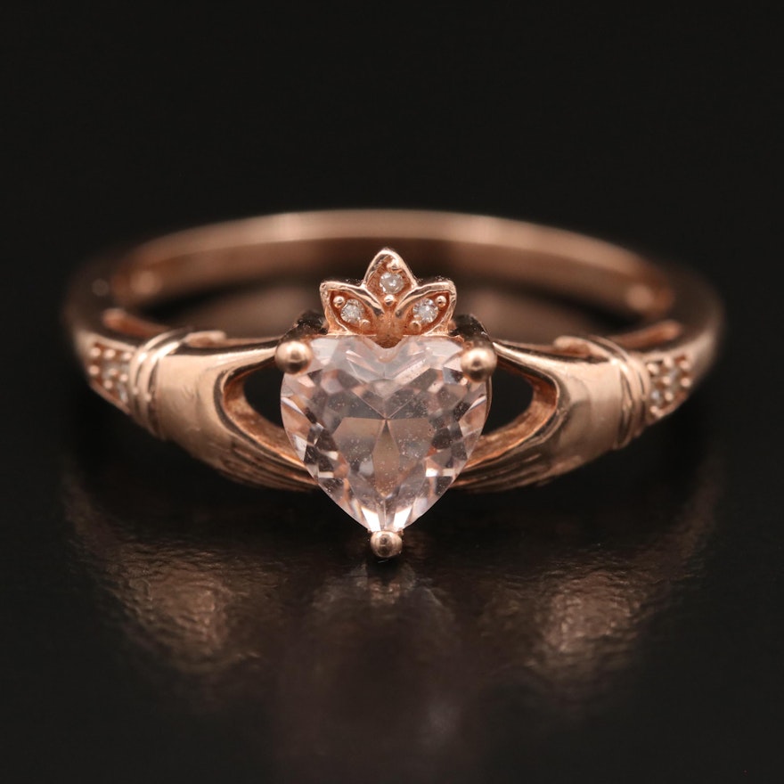 10K Rose Gold Cubic Zirconia and Diamond Claddagh Ring