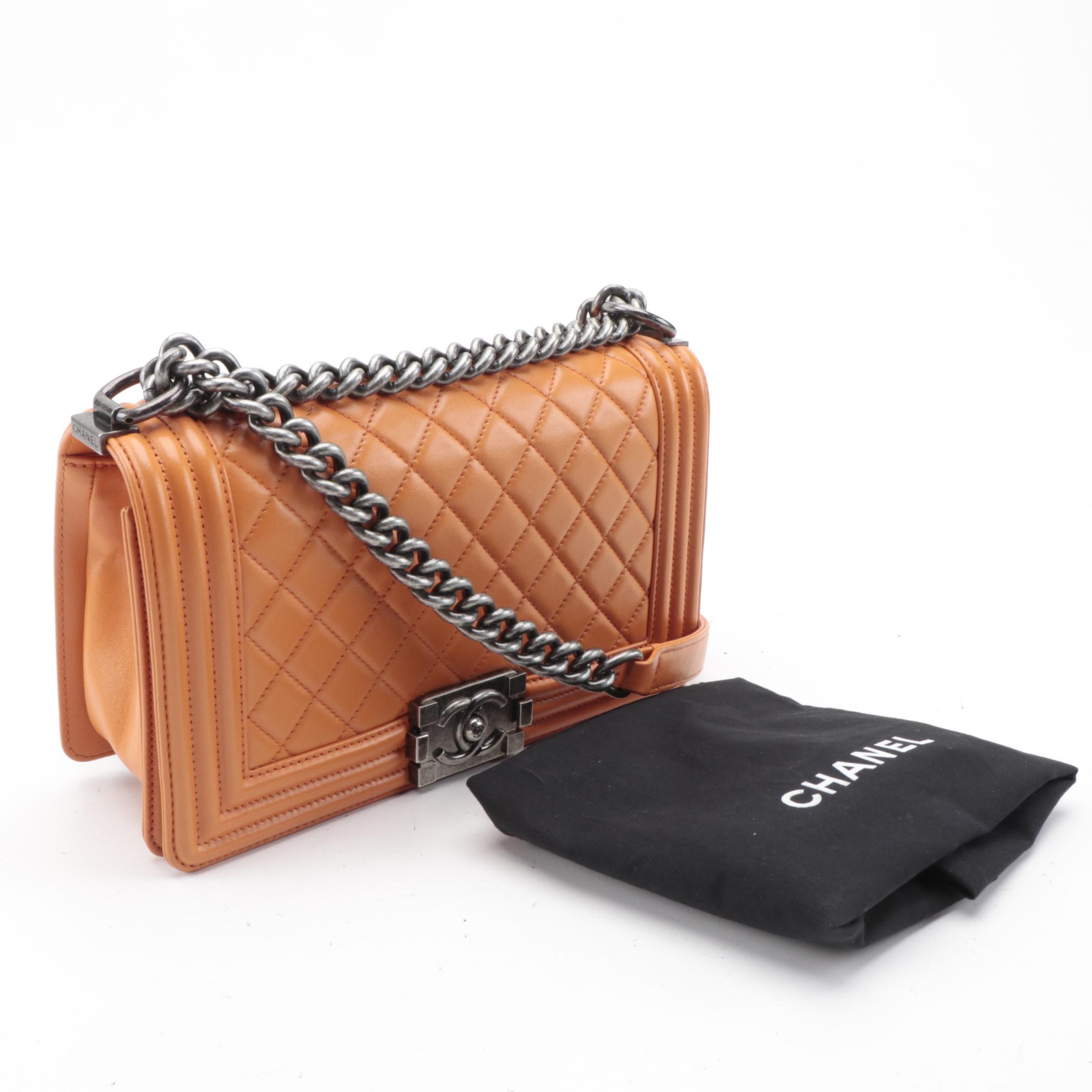 Chanel Medium Boy Flap Shoulder Bag in Orange Quilted Lambskin with Chain Strap