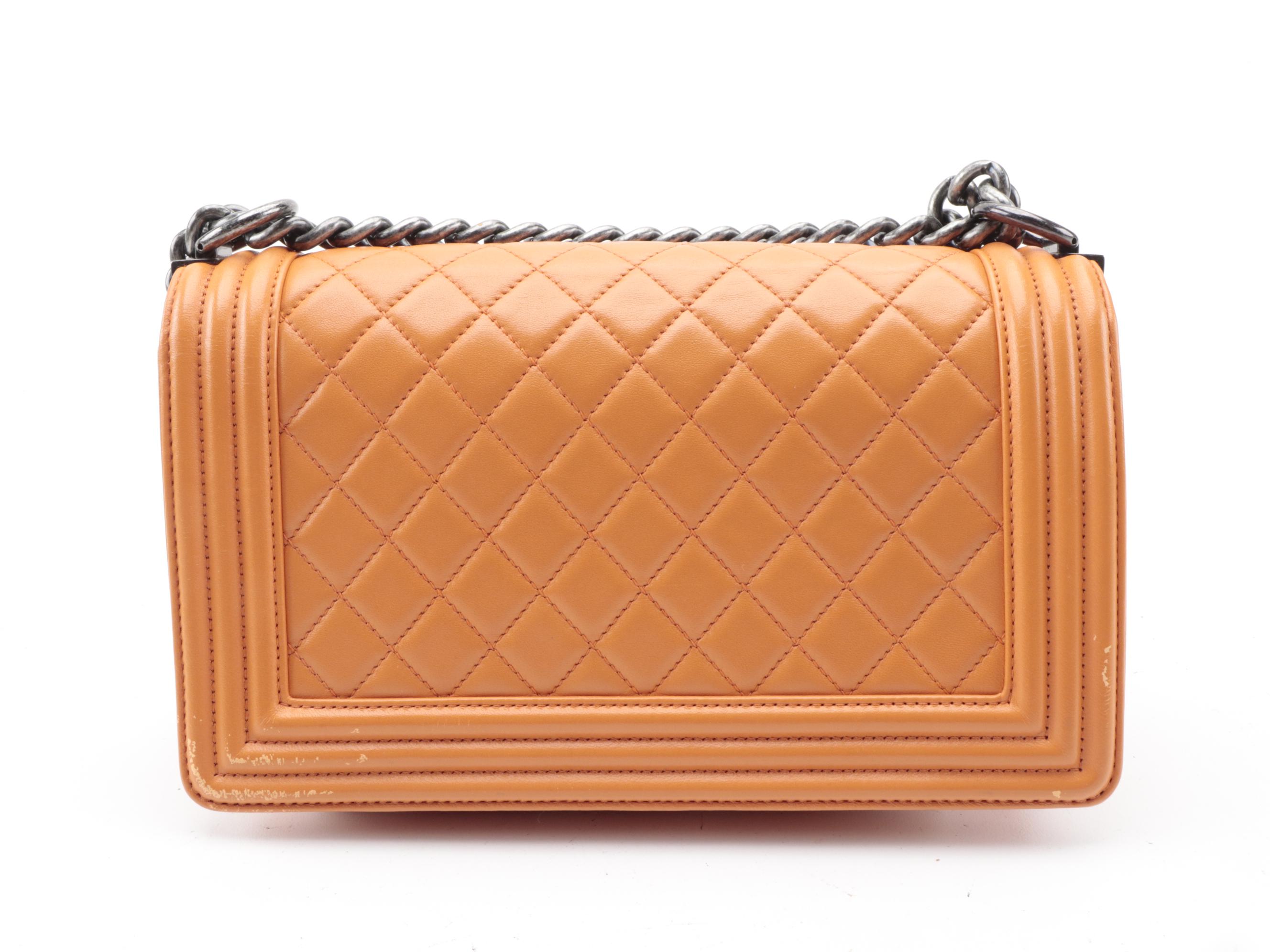 Chanel Medium Boy Flap Shoulder Bag in Orange Quilted Lambskin with Chain Strap