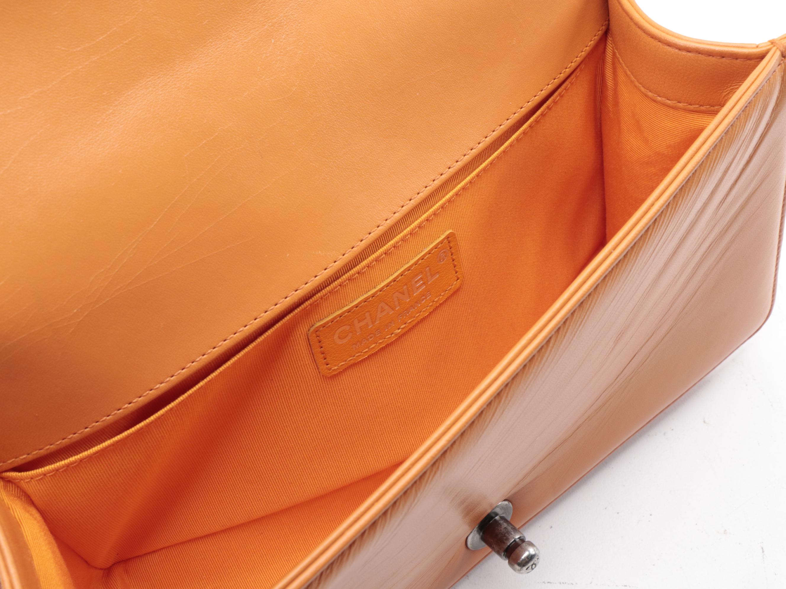 Chanel Medium Boy Flap Shoulder Bag in Orange Quilted Lambskin with Chain Strap