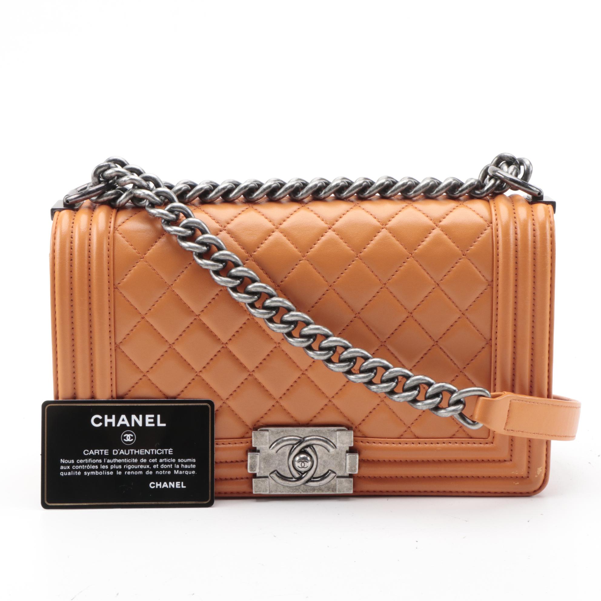 Chanel Medium Boy Flap Shoulder Bag in Orange Quilted Lambskin with Chain Strap