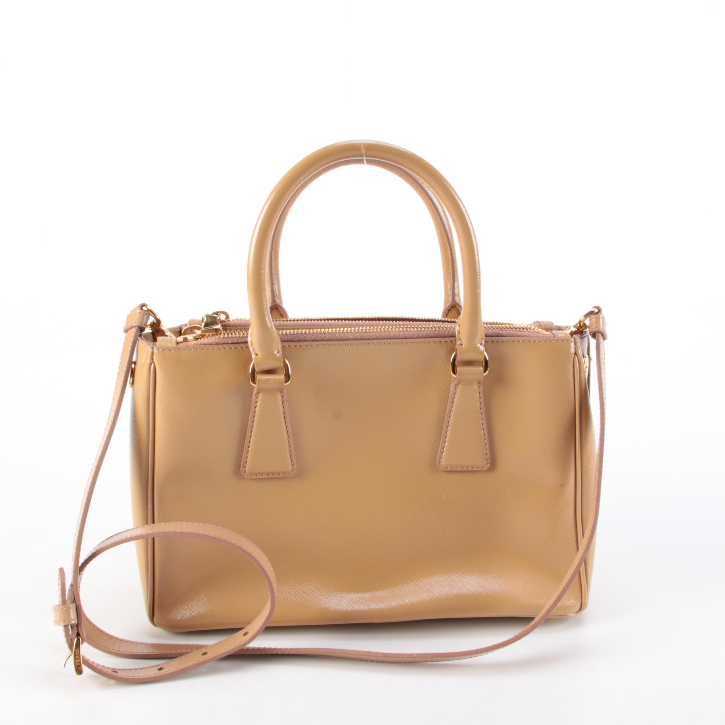 Prada Double Zip Lux Mini Tote in Neutral Vernice Saffiano Leather