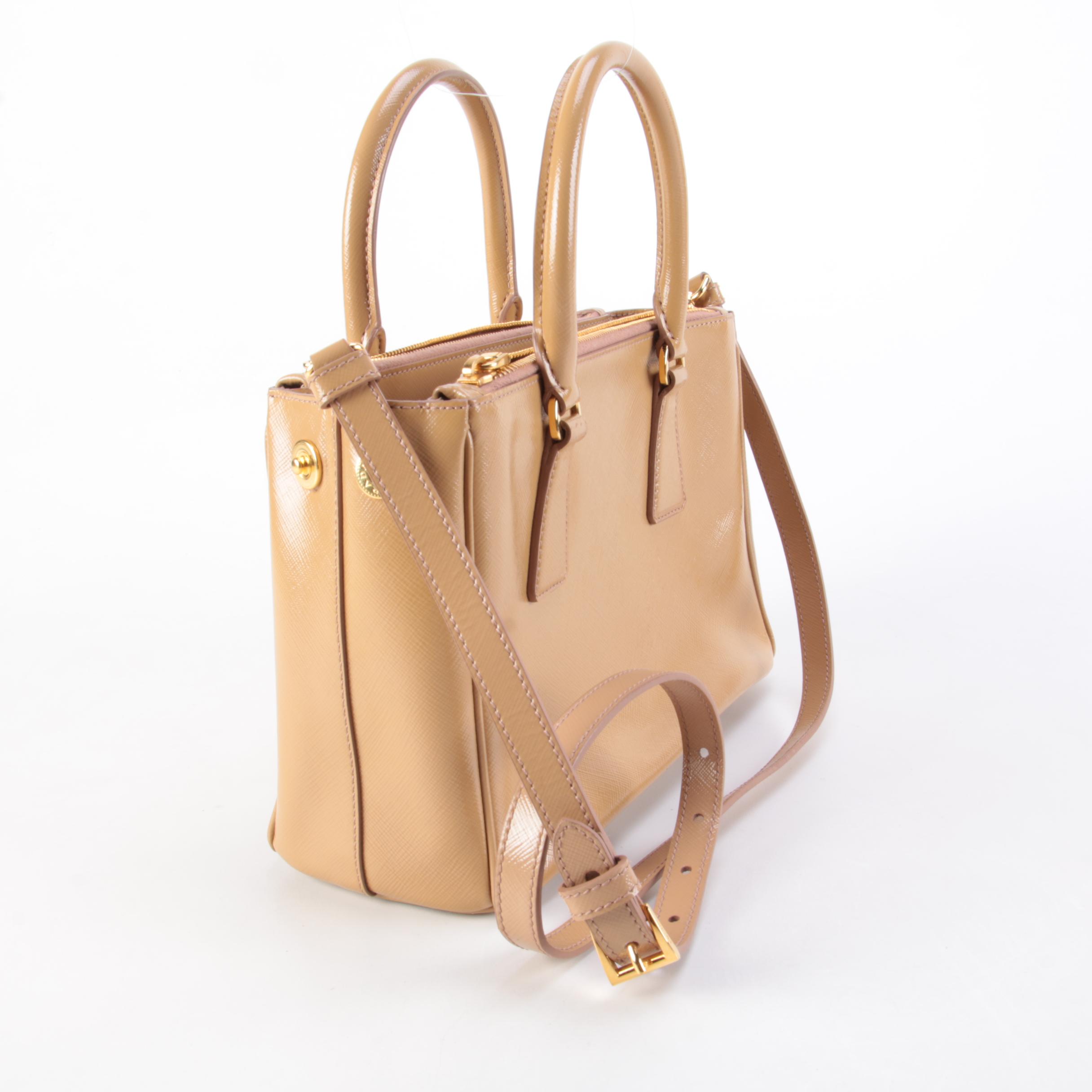 Prada Double Zip Lux Mini Tote in Neutral Vernice Saffiano Leather
