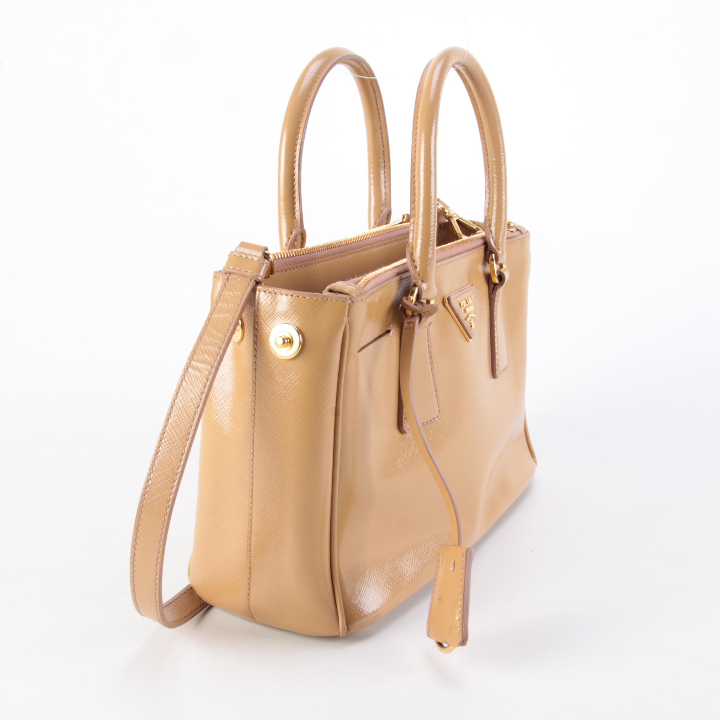 Prada Double Zip Lux Mini Tote in Neutral Vernice Saffiano Leather