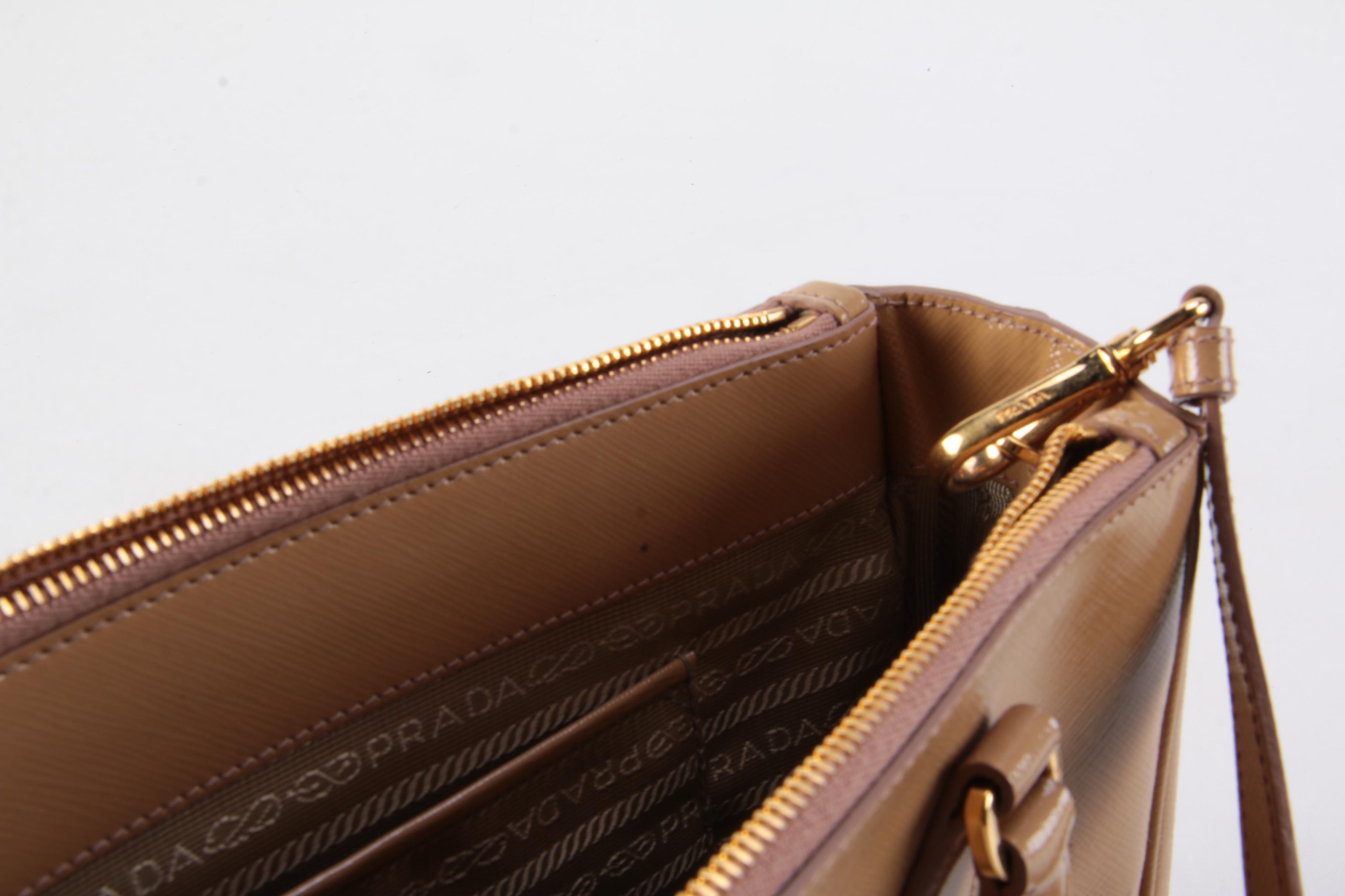 Prada Double Zip Lux Mini Tote in Neutral Vernice Saffiano Leather