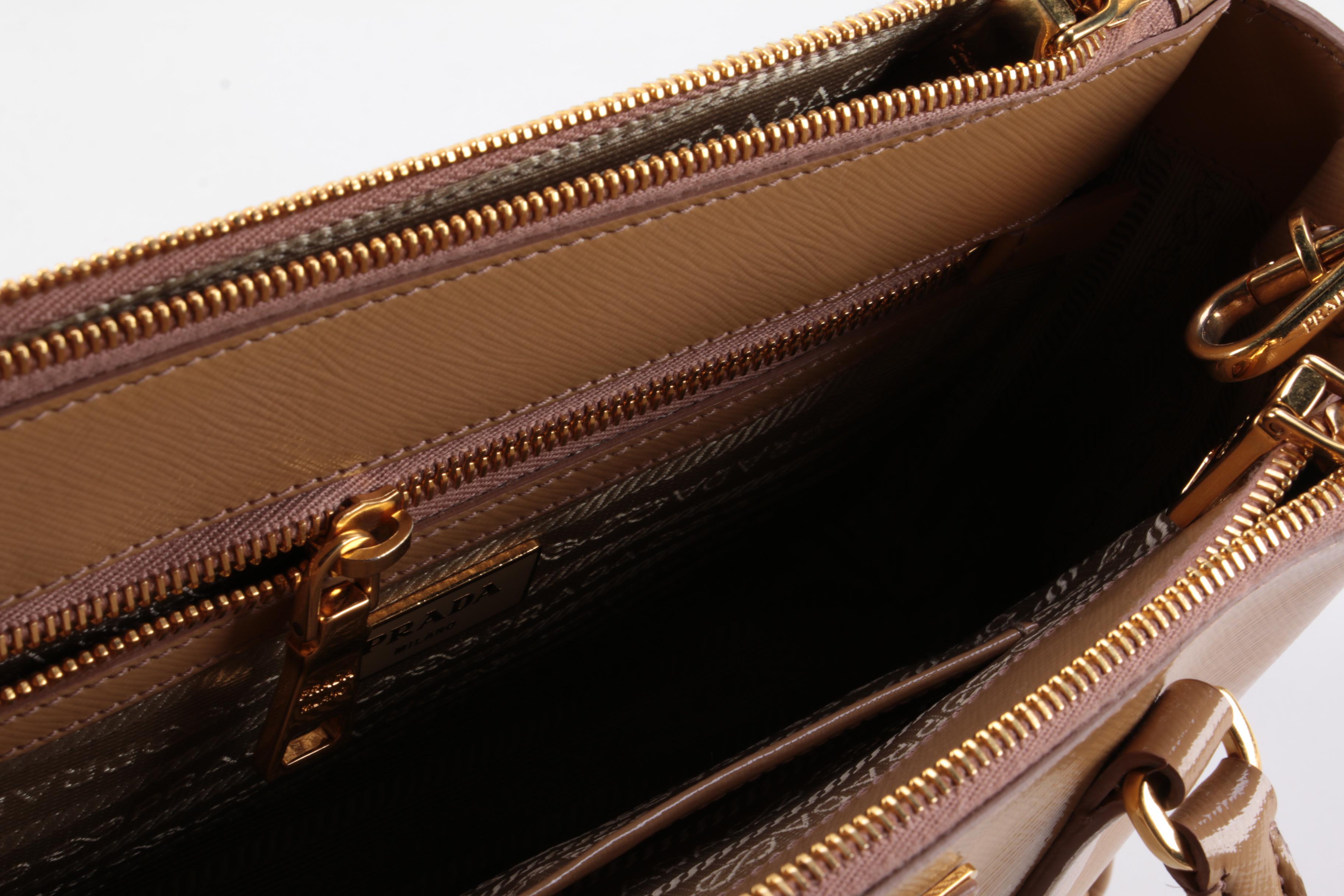 Prada Double Zip Lux Mini Tote in Neutral Vernice Saffiano Leather