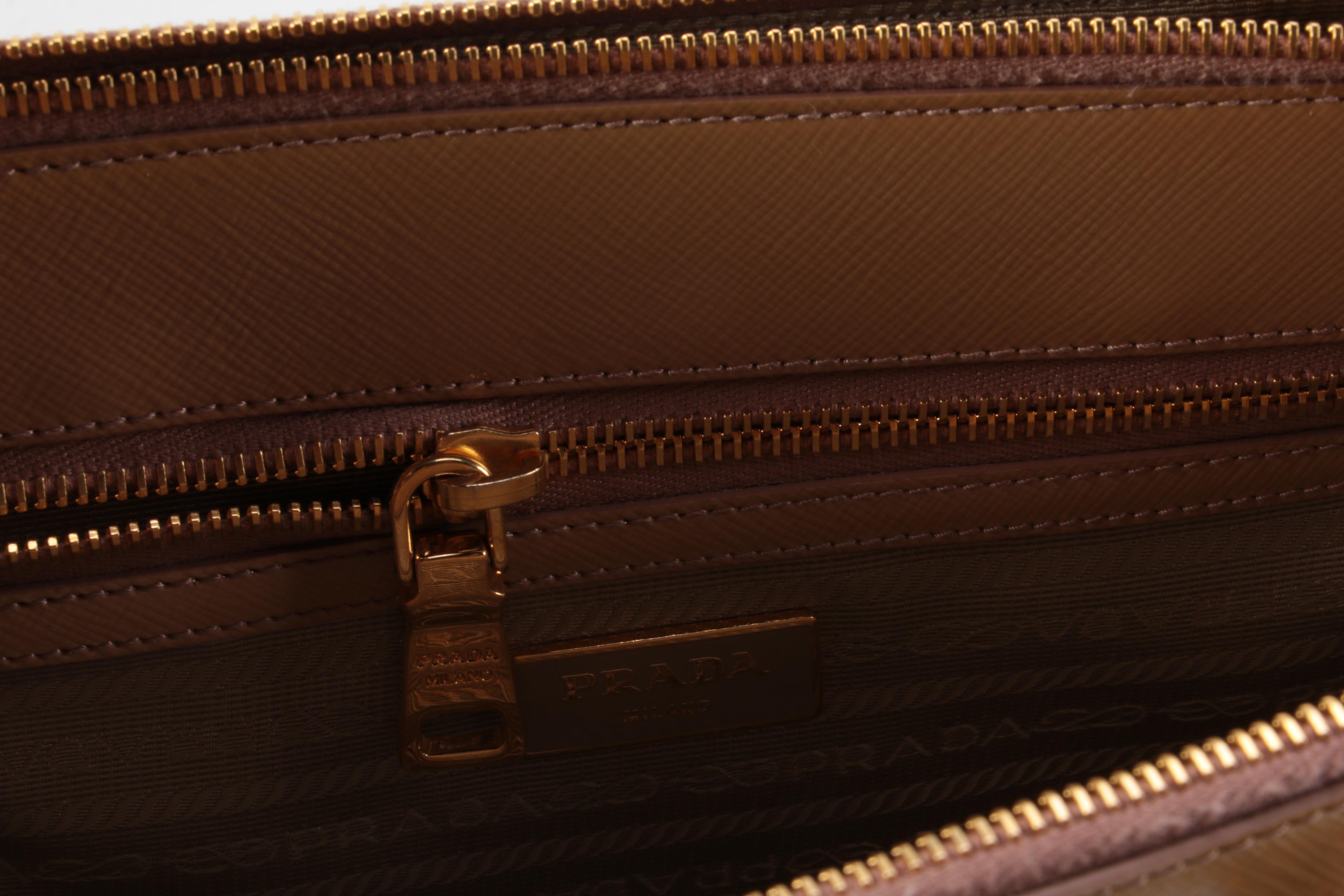 Prada Double Zip Lux Mini Tote in Neutral Vernice Saffiano Leather