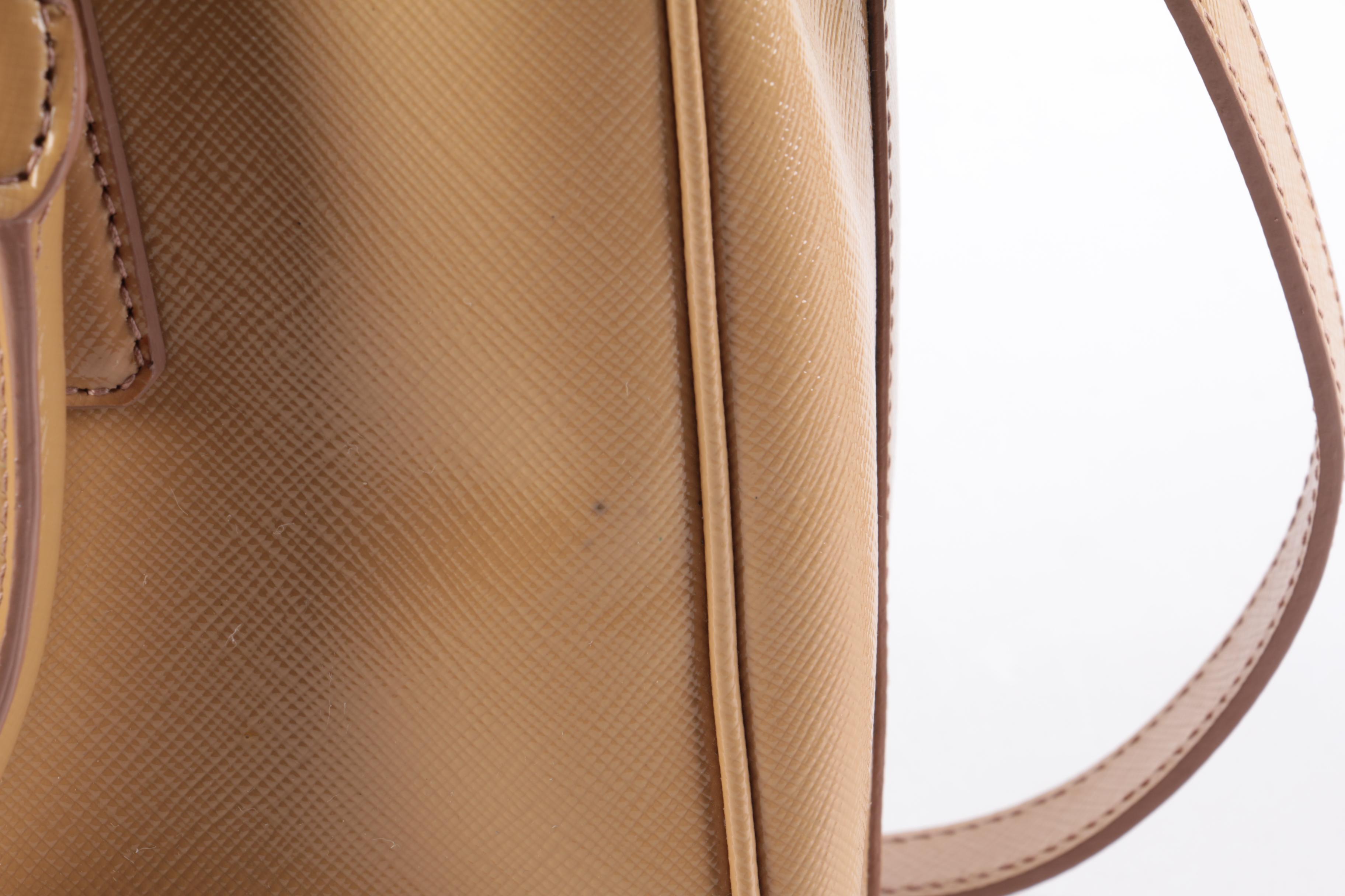 Prada Double Zip Lux Mini Tote in Neutral Vernice Saffiano Leather