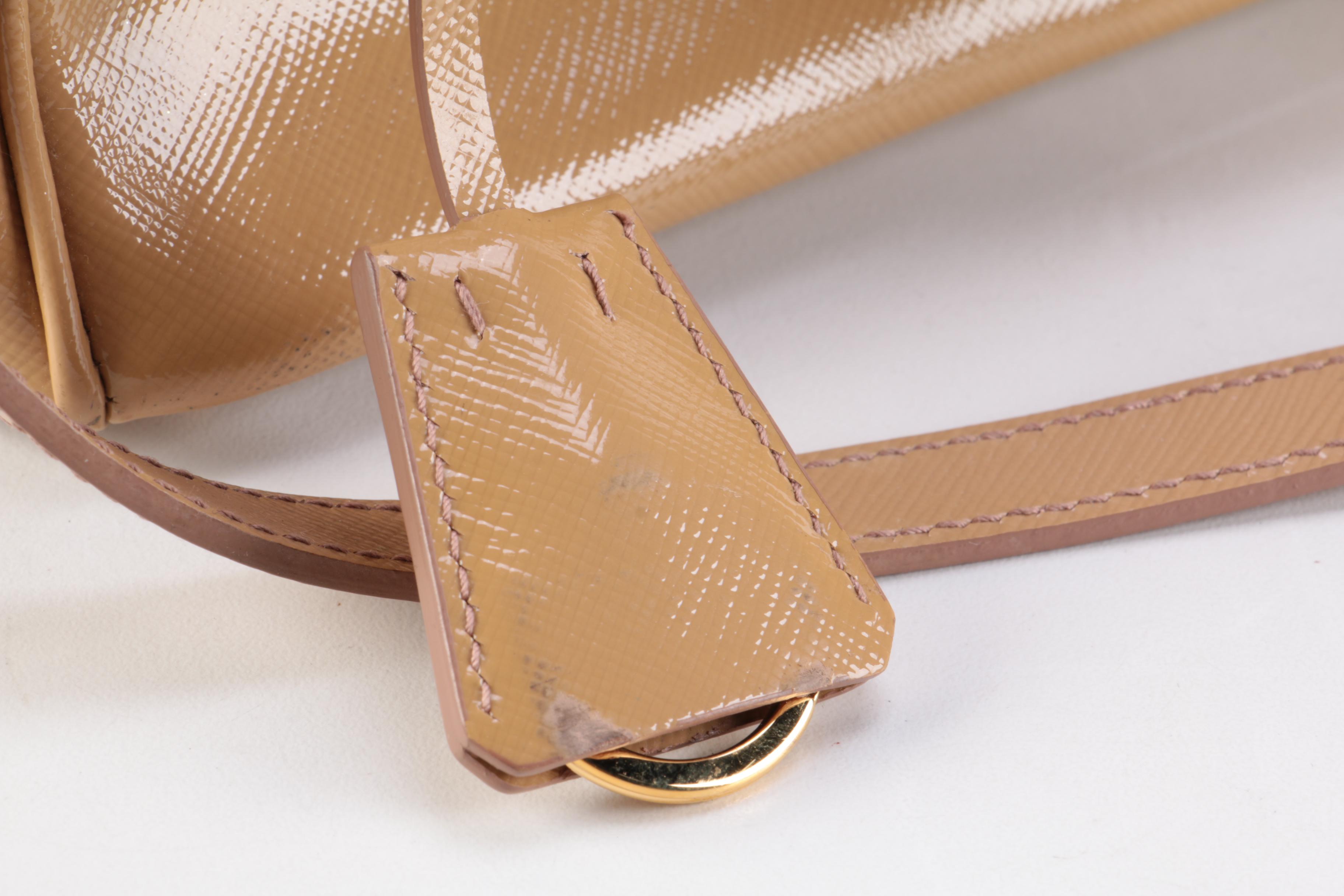 Prada Double Zip Lux Mini Tote in Neutral Vernice Saffiano Leather