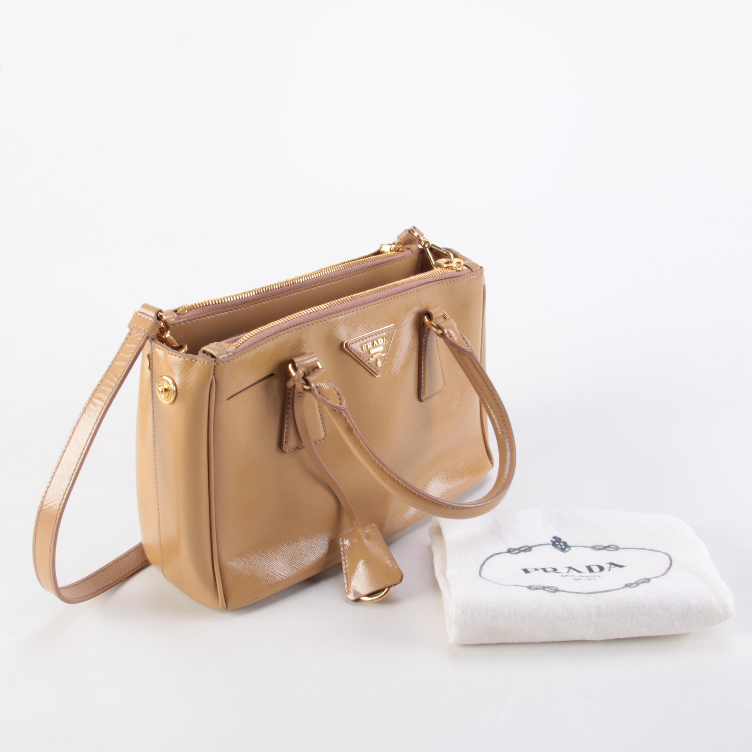 Prada Double Zip Lux Mini Tote in Neutral Vernice Saffiano Leather