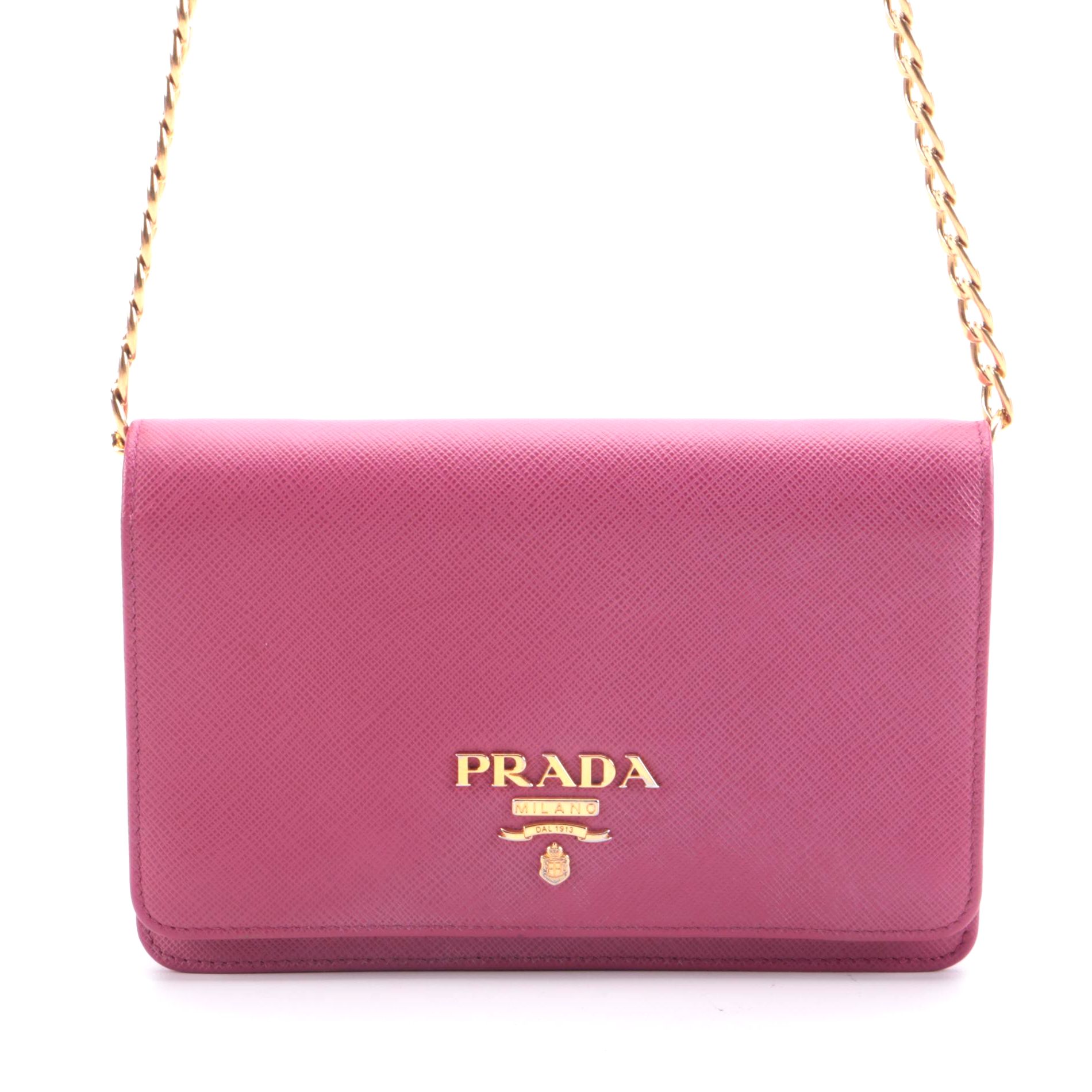 Prada Chain Wallet Crossbody in Pink Saffiano Leather