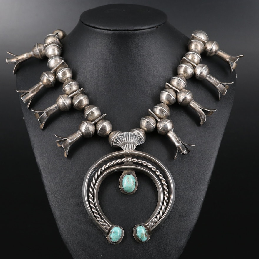 Southwestern Sterling Silver Turquoise Squash Blossom Necklace