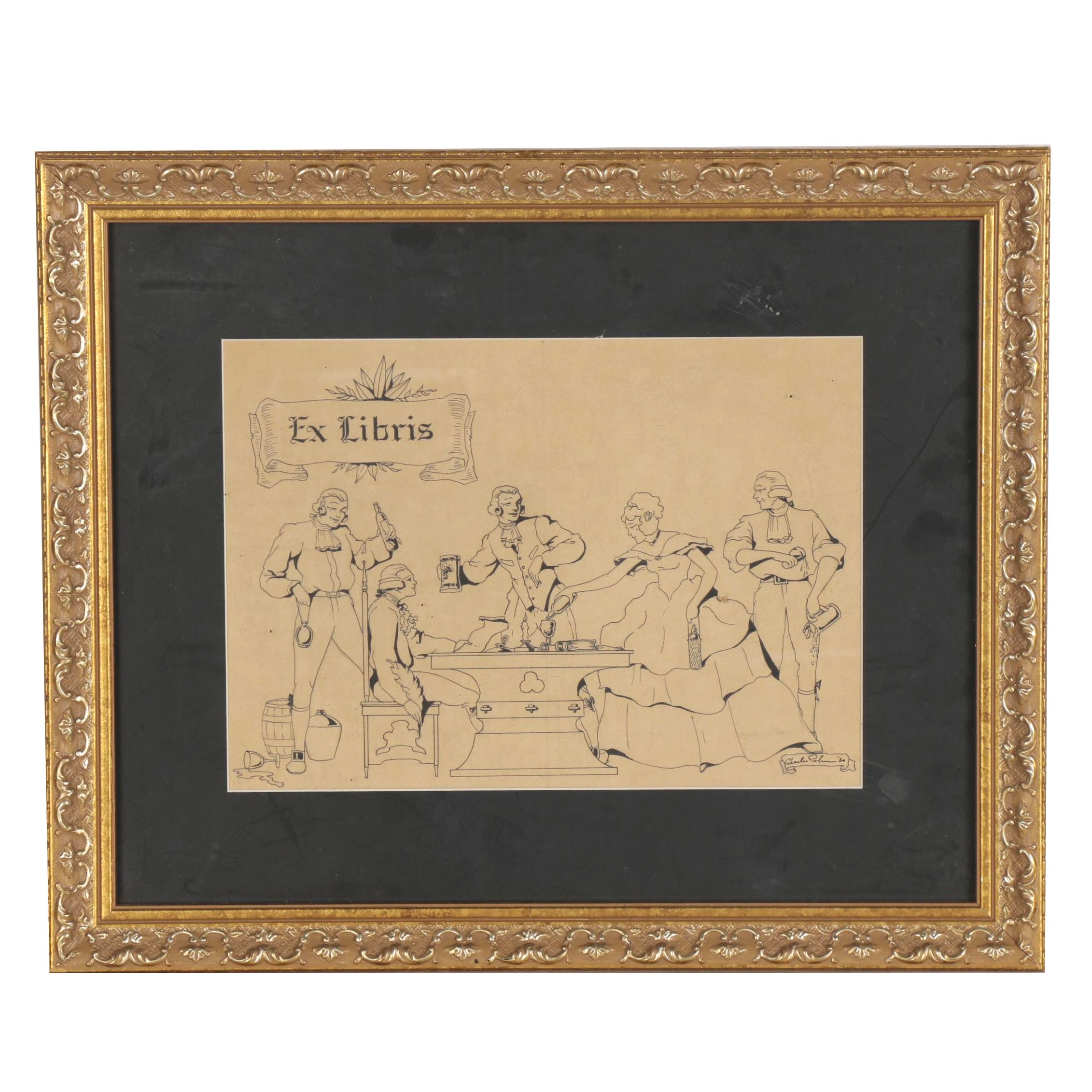 Ink Illustration of a Victorian Pub Scene "Ex Libris," 1930