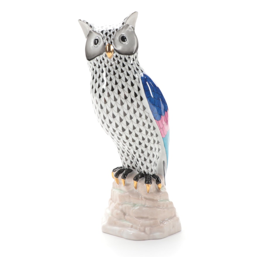 Herend Black Fishnet "Owl on Rock" Porcelain Figurine