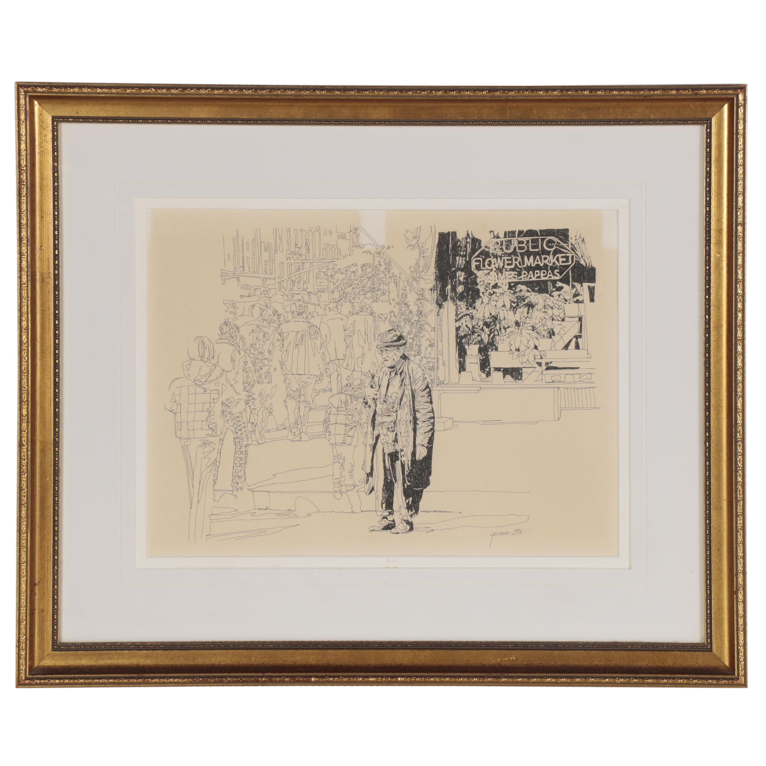 Richard Gerstner Figural Ink Illustration of a Market, 1982