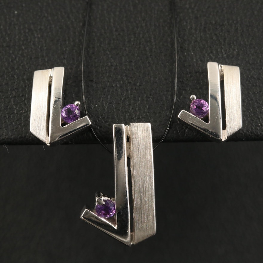 Sterling Amethyst Geometric Pendant and Earring Set