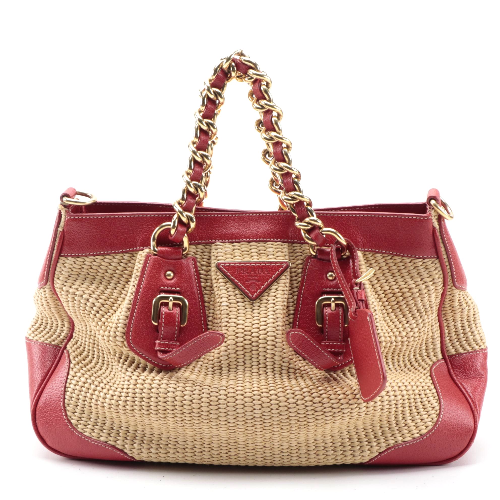 Prada Buckle Pleated Woven Raffia and Red Leather Two-Way Satchel