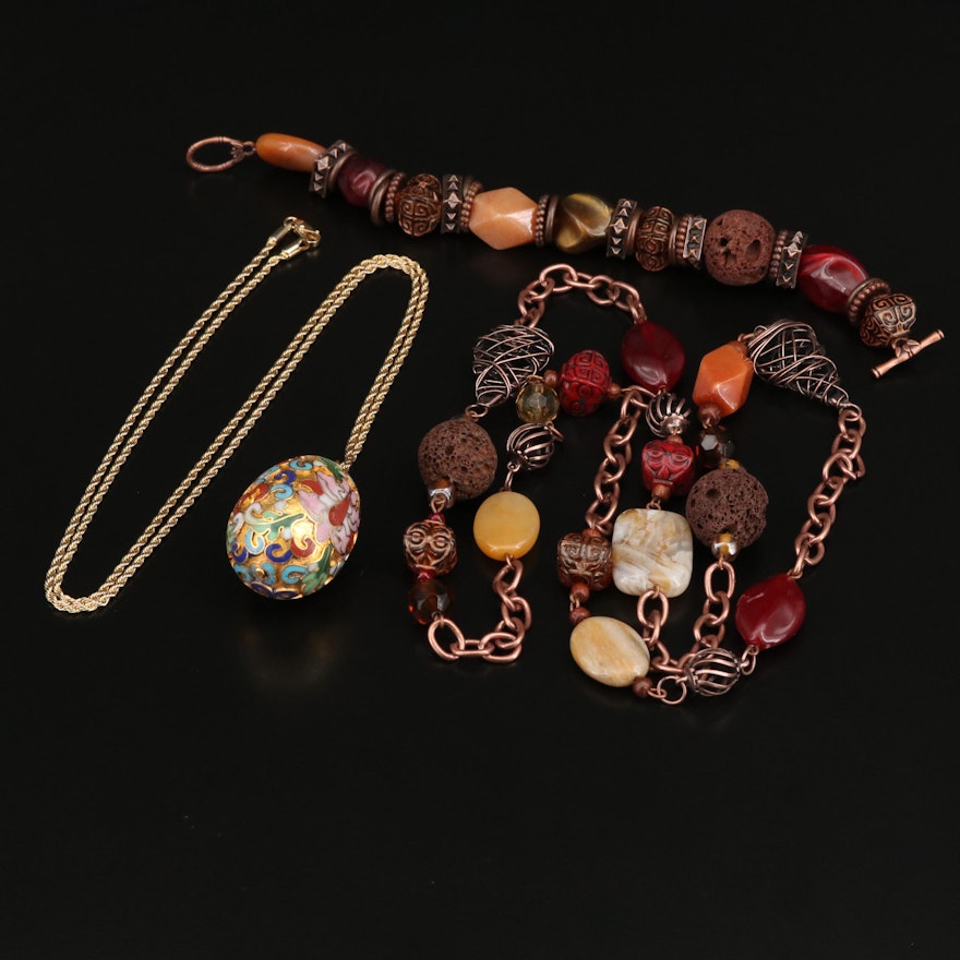 Cloisonné Egg Necklace with Lava Stone Necklace and Bracelet Set