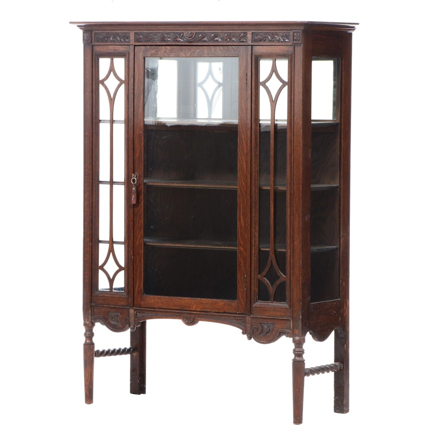 Tudor Revival Carved Oak Glass Front China Cabinet