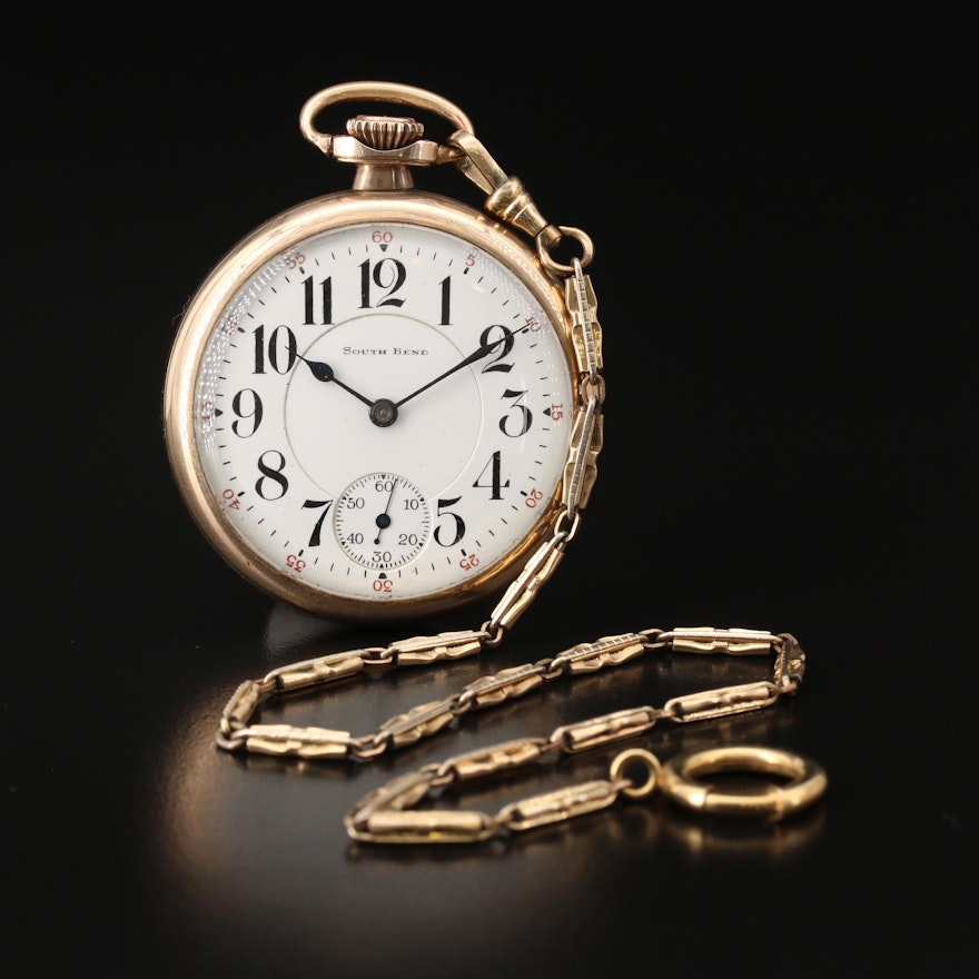 1922 South Bend Gold Filled Pocket Watch with Chain Fob