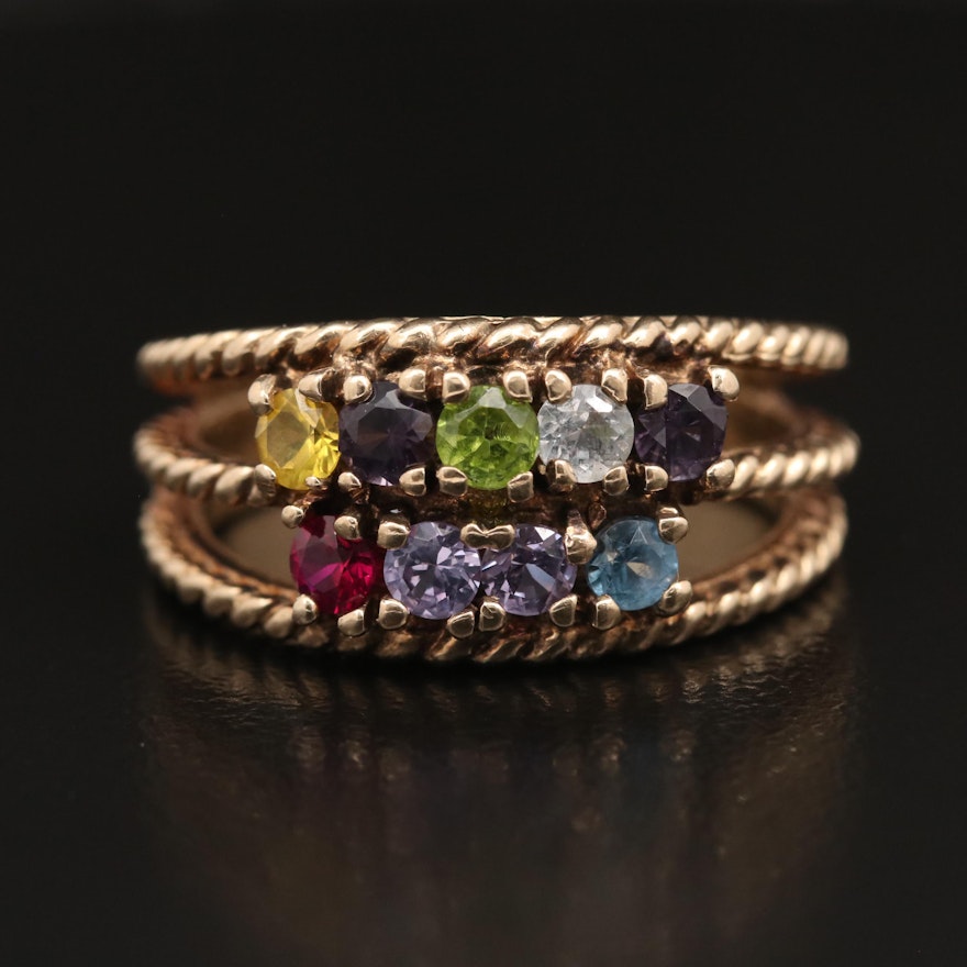 10K Multi-Colored Imitation Gemstone Ring with Rope Detail
