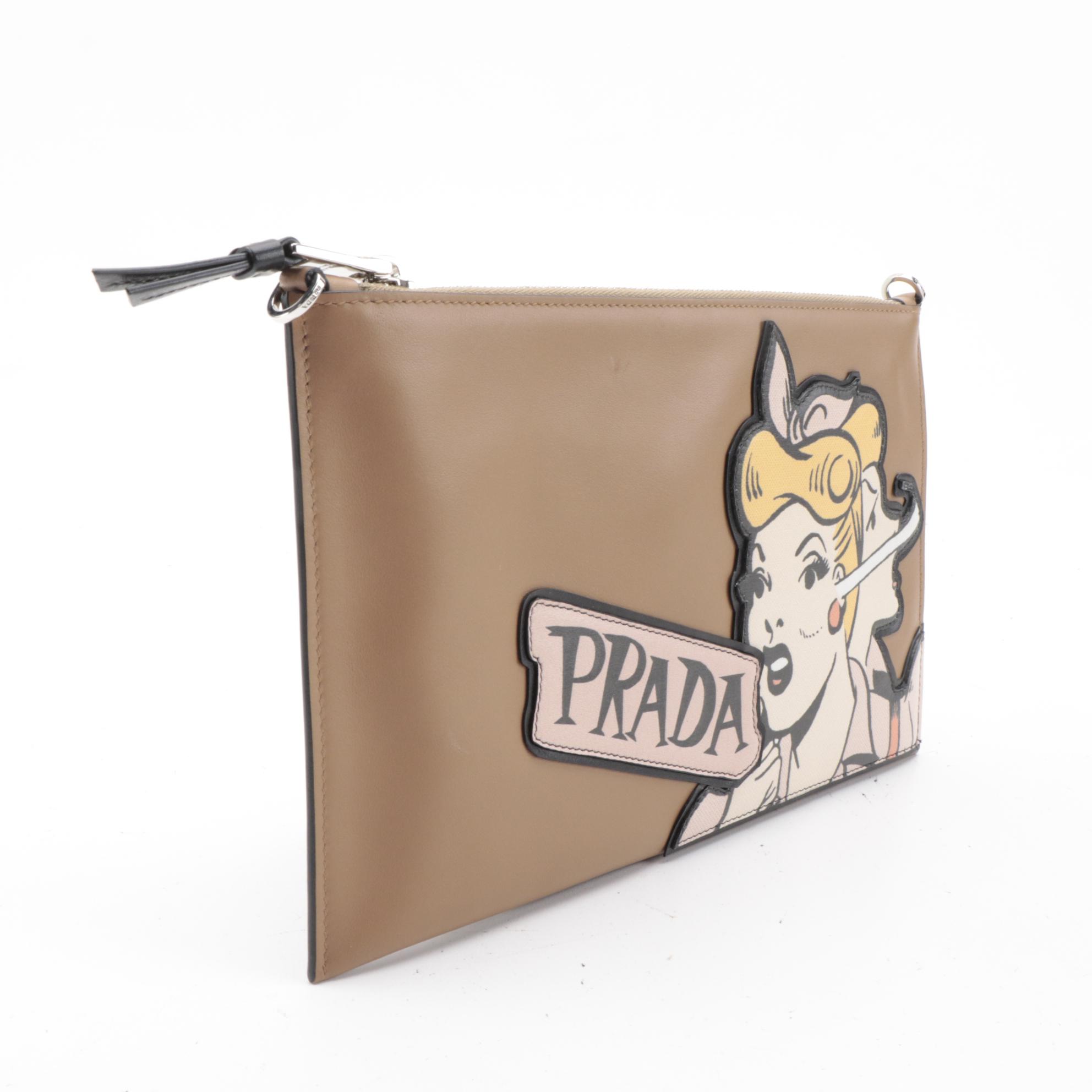 Prada Brown Leather Comic Logo Zipper Clutch