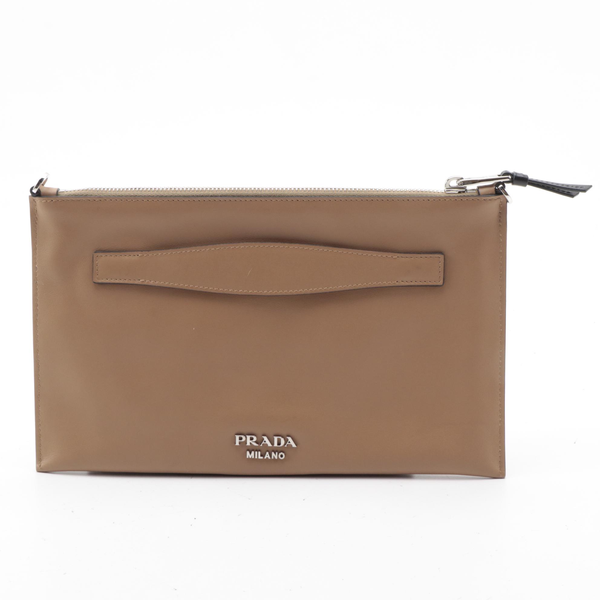 Prada Brown Leather Comic Logo Zipper Clutch