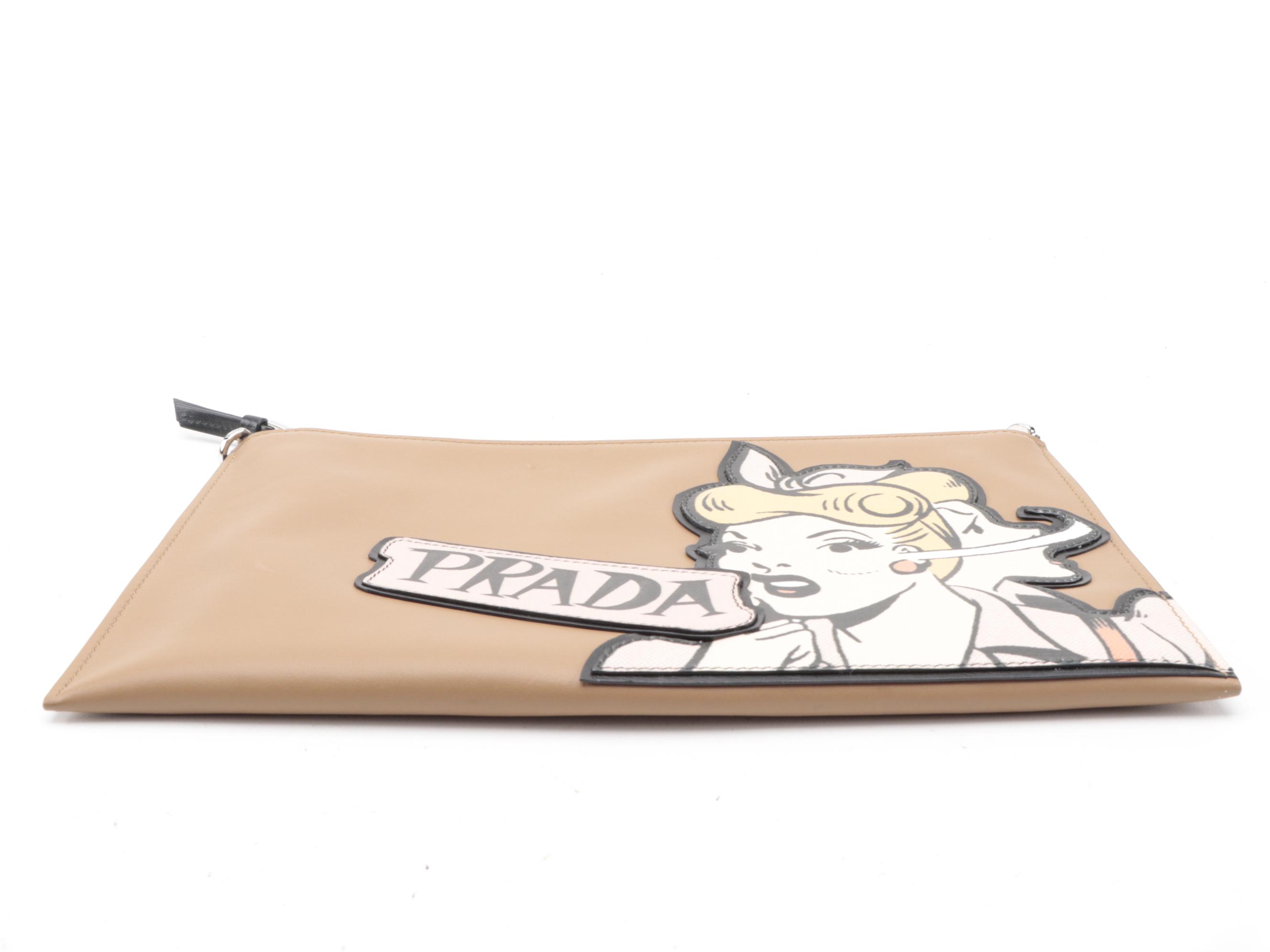 Prada Brown Leather Comic Logo Zipper Clutch