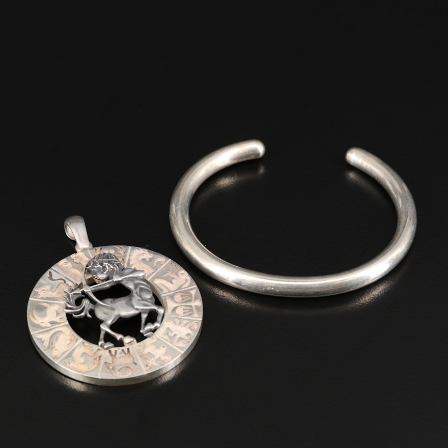 Sterling Jewelry Featuring Sagittarius Zodiac Pendant and Cuff