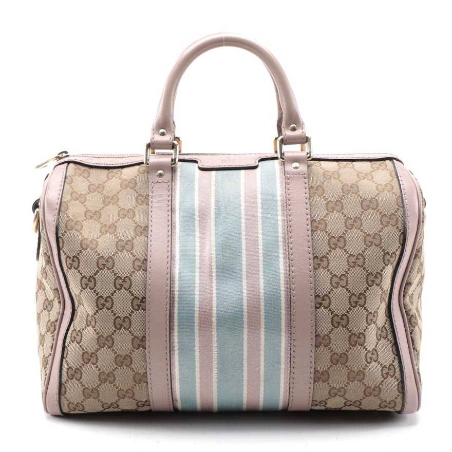 Gucci Boston Bag in GG Canvas with Blush Leather Trim with Detachable Strap