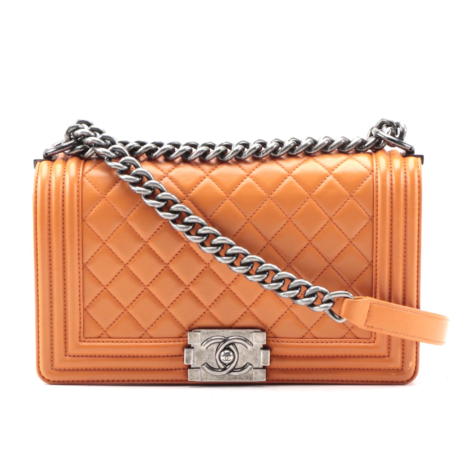 Chanel Medium Boy Flap Shoulder Bag in Orange Quilted Lambskin with Chain Strap