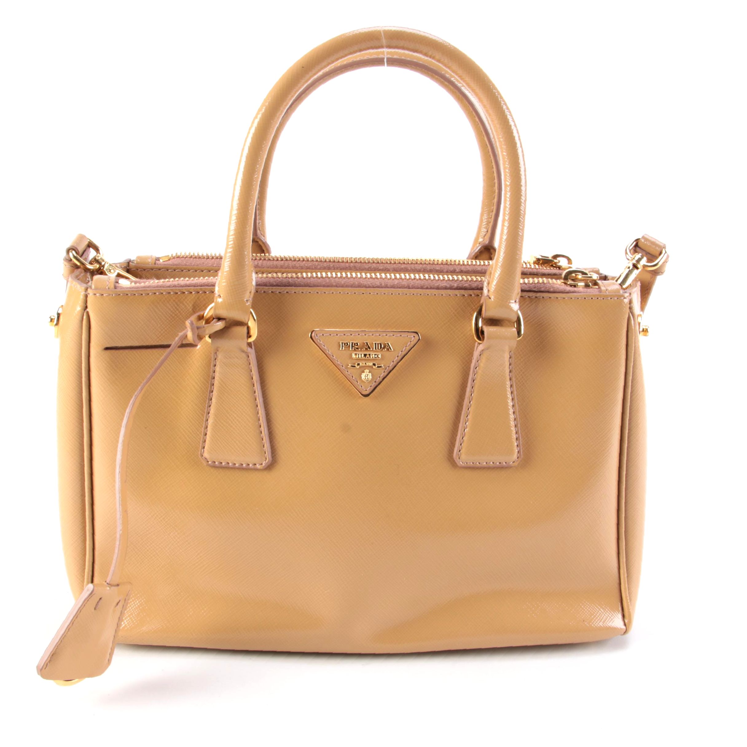 Prada Double Zip Lux Mini Tote in Neutral Vernice Saffiano Leather