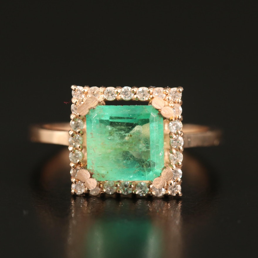 14K 1.60 CT Emerald and Diamond Square Halo Ring