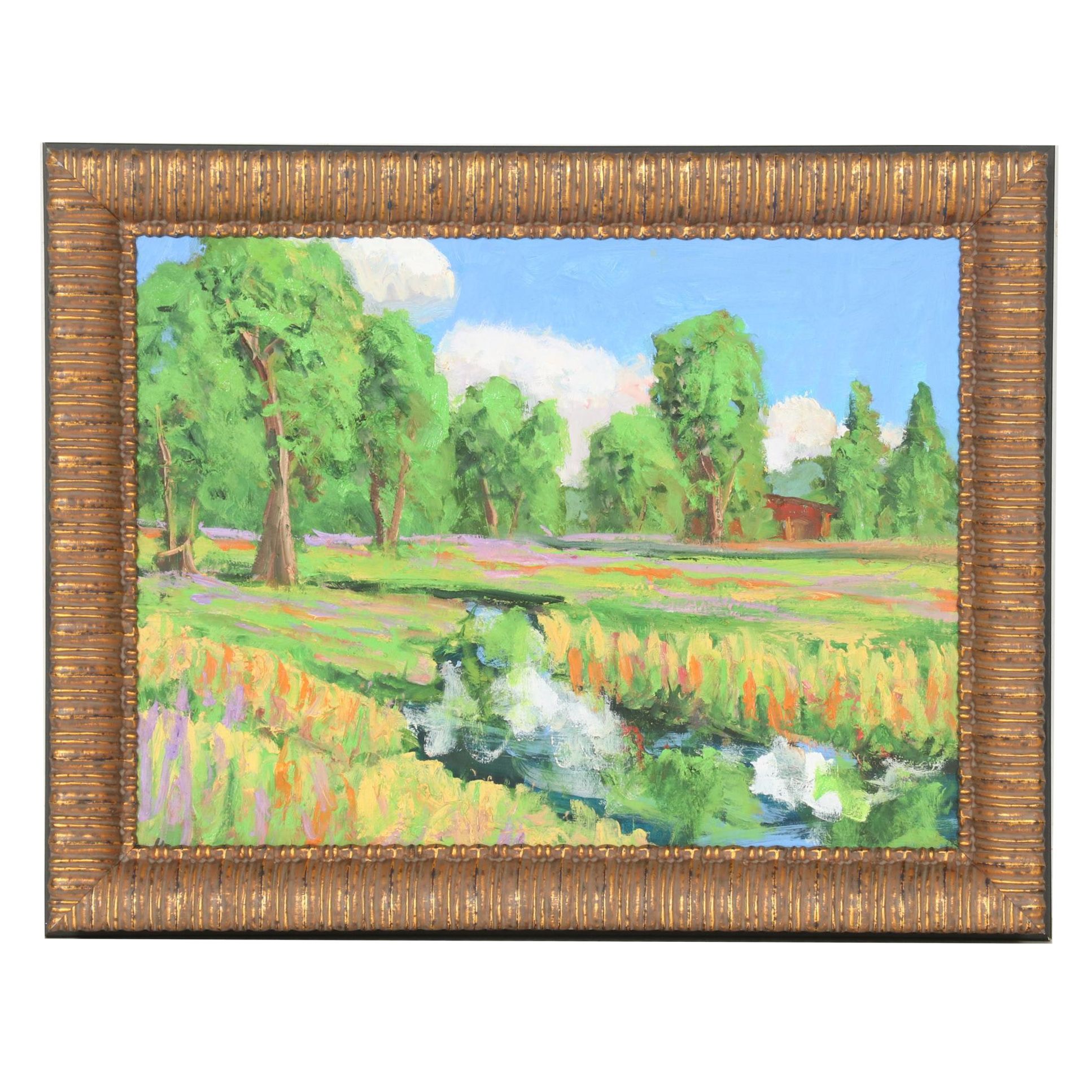 Kenneth R. Burnside Oil Painting of Rural Stream with Wildflowers, 21st Century