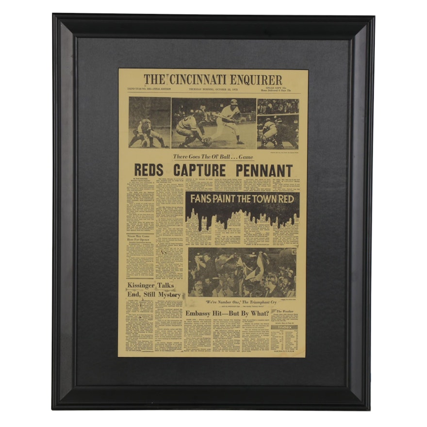 1972 Cincinnati Enquirer "Reds Clinching Pennant" Framed Headlines